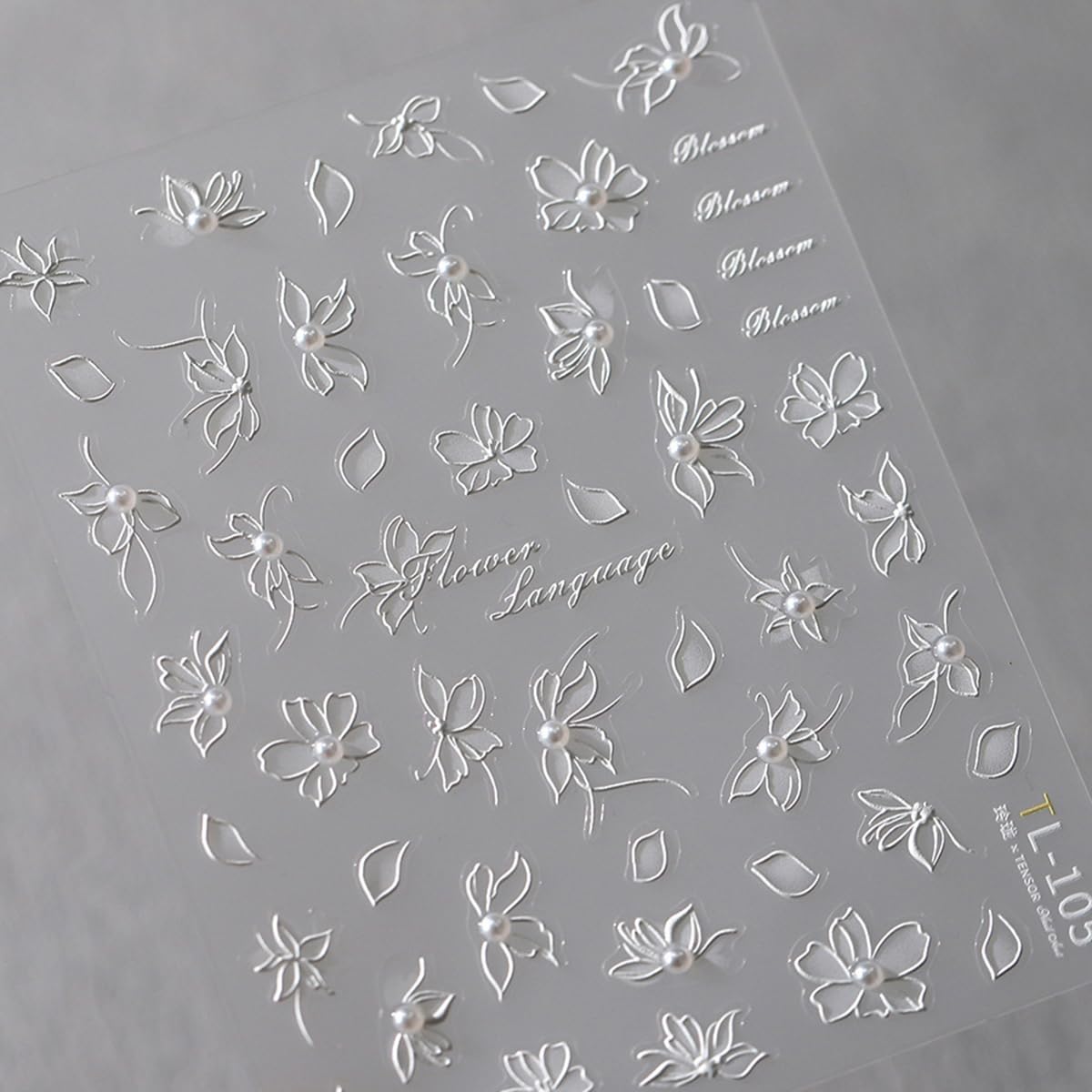 Flower Nail Art Stickers Sparkly White Floral Nail Stickers 5D Embossed Light Style Nail Decals Accessories Pearl Adhesive Slider Nail Art Supplies for Women DIY Decorations