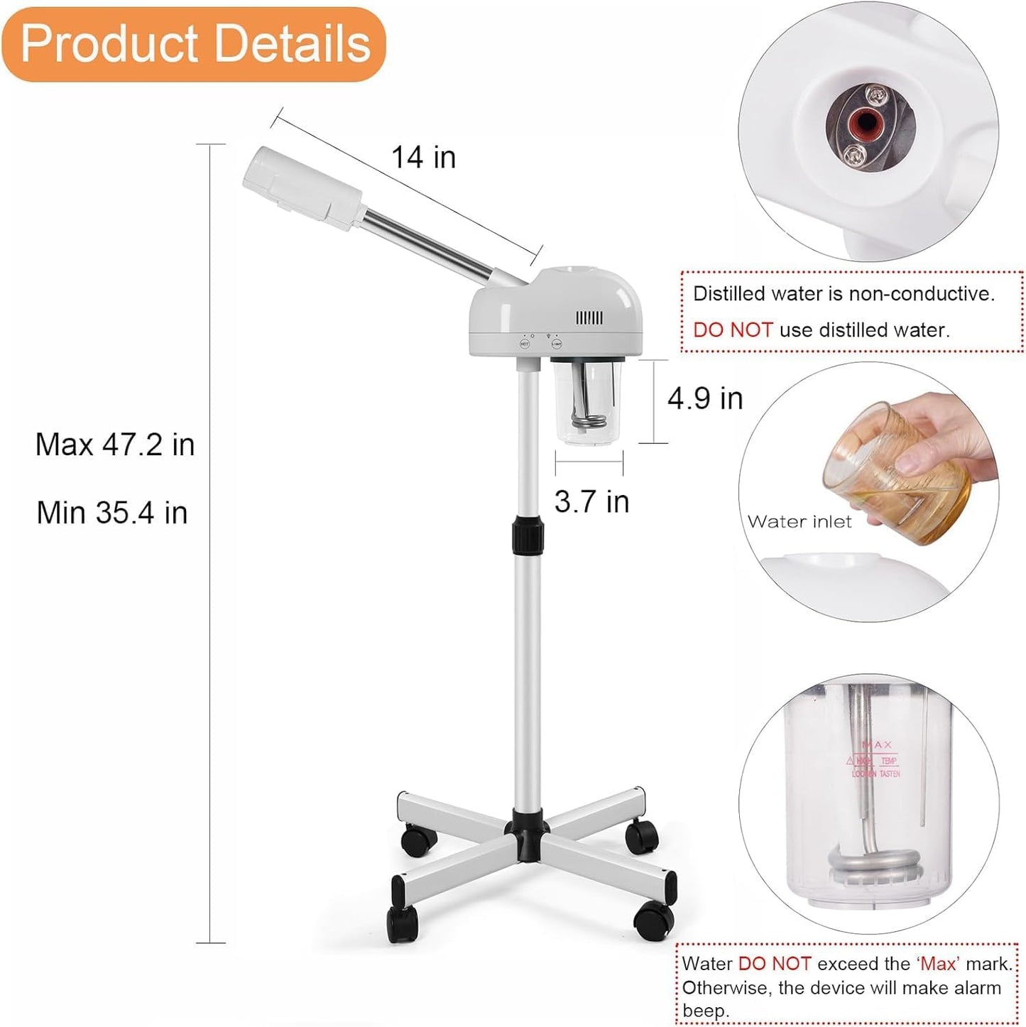 Professional Facial Steamer with Hot Mist Function, Stand Facial Steamer On Wheels, Height Adjustable & 360° Rotatable Nozzle, Use at Home & Salon SPA