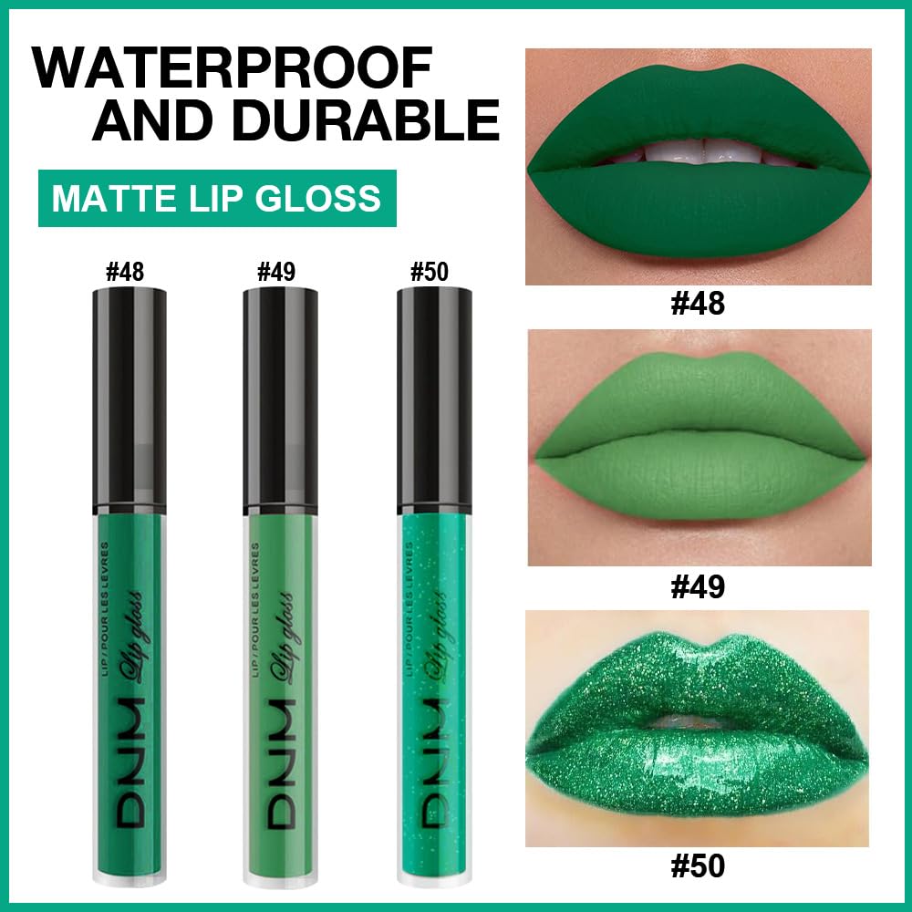 evpct 3Pcs Dark Pale Teal Forest Emerald Green Matte Glitter Shimmer Shiny Liquid Lipstick Lip Stain Sets for Women Matte+Lipstick Long Lasting Waterproof 24 hr Magic Lipstick 24 Hours original