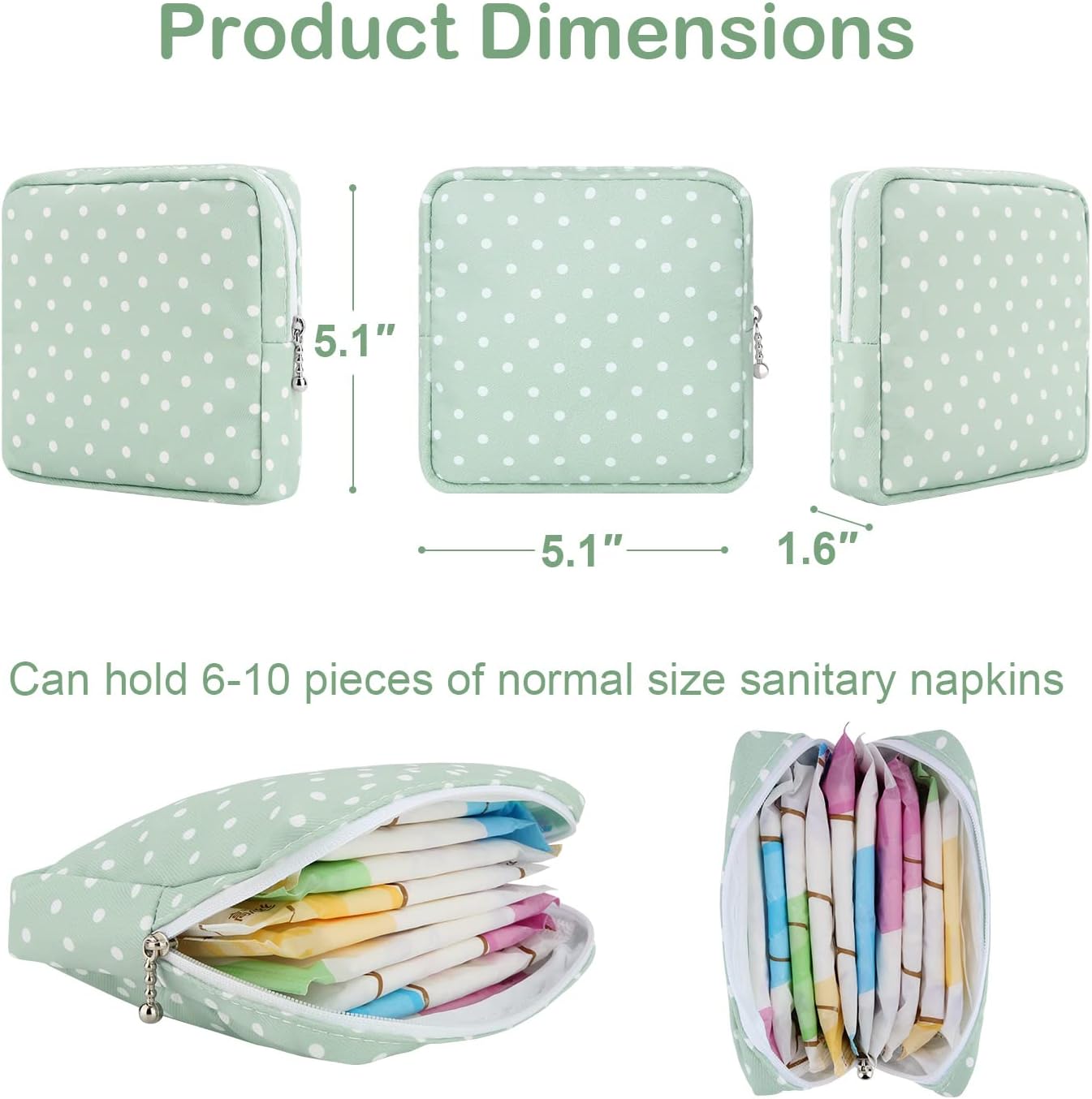 Desing Wish Sanitary Pad Storage Bag Portable Period Bag for Teen Pads/Sanitary Napkins/Small Tampons, Sanitary Napkin Storage Bag First Period Gifts for Teen Girls (Green Dot)