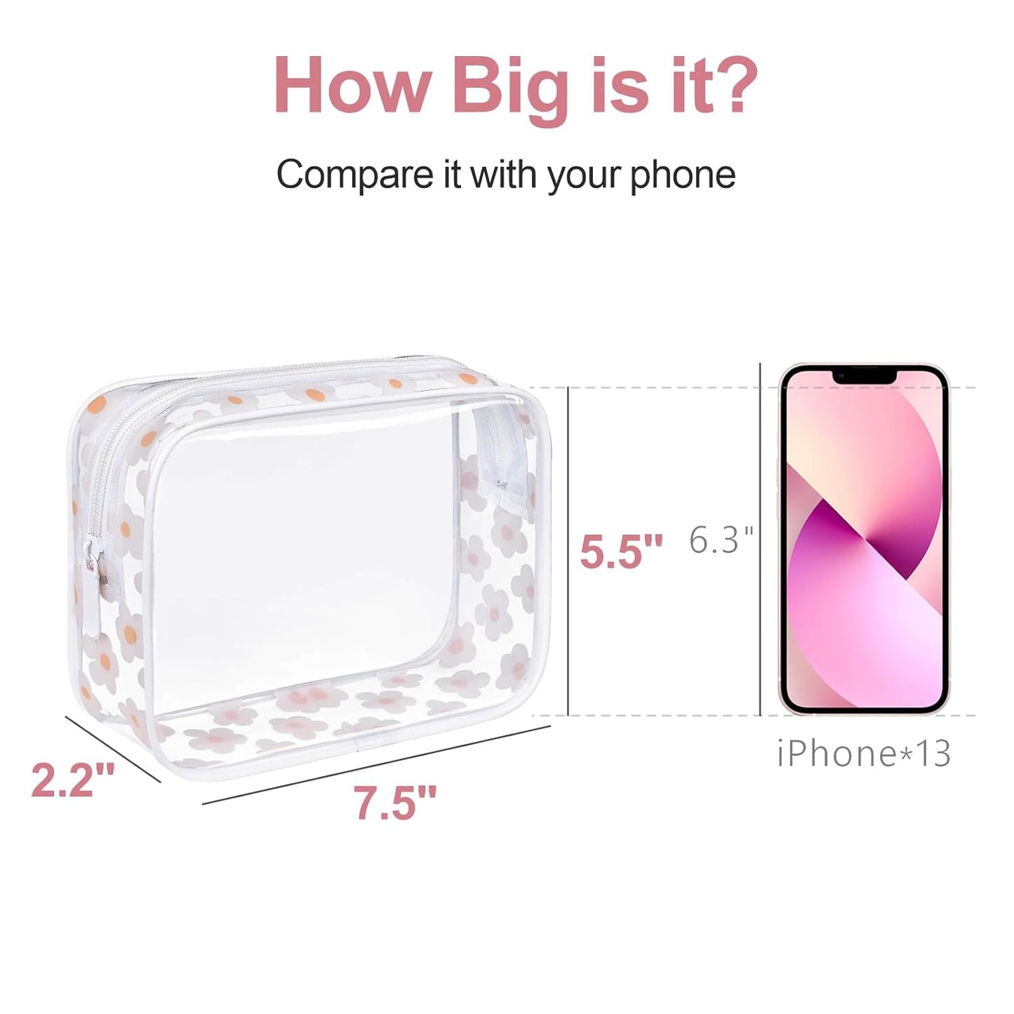 PACKISM TSA Approved Toiletry Bag - White Flower Print Clear Makeup Bag, Suitable for Gifts, with Supporting Frame, Perfect Valentines Day Gifts for Her, Thick No Smell