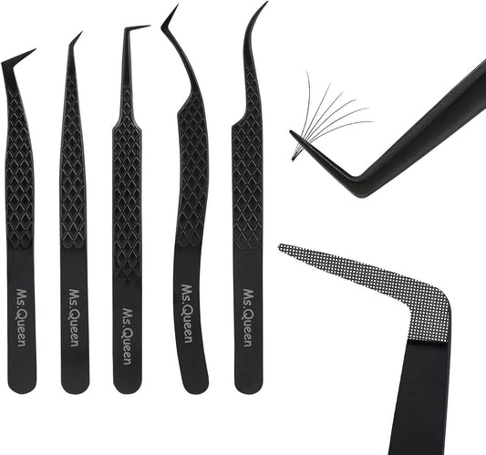 Ms.Queen Lash Tweezers for Eyelash Extensions,Set of 5,Fiber Tip Curved 45 90 Degree and L-Shape Boot Lash Tweezers for Mega Volume & Classic Lashes,Black