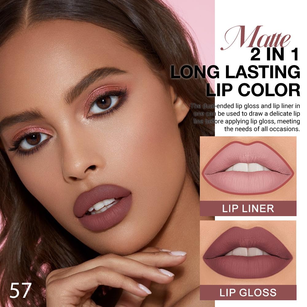 evpct 1Pcs Red Brown Matte Lip Liner & Liquid Lipstick Stain Makeup Set for Women, Red Brown Lip Liner Stain Long Lasting Waterproof Smudge Proof, Cruelty Free Lip Stick Makeup 24 hours originales, 57