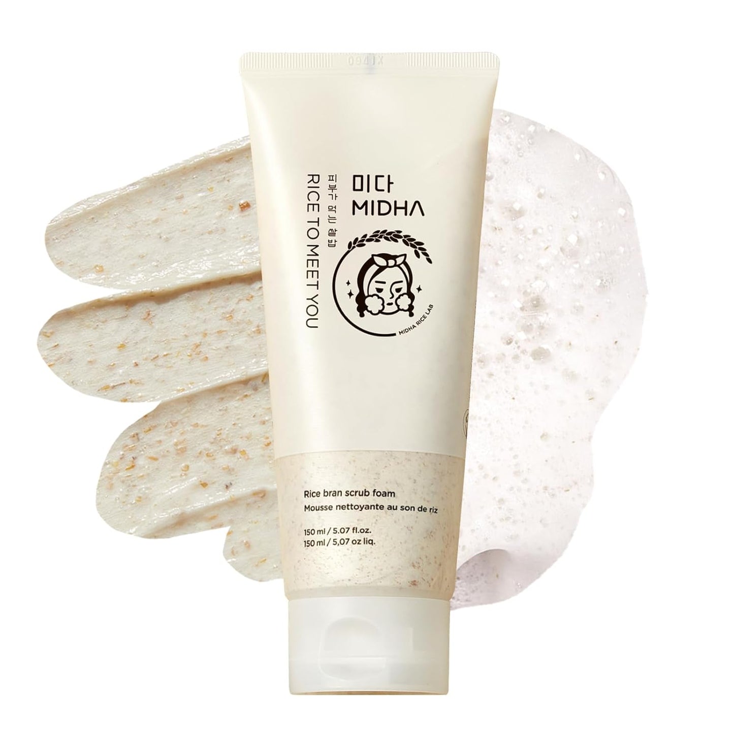 MIDHA RICE BRAN SCRUB FOAM 5.07fl.oz/150ml, Deep Cleansing, Pore-Purifying, Gentle Exfoliating – Soft Micro-Foam Face Wash with Balanced pH & Hydrating, Nourishing Care