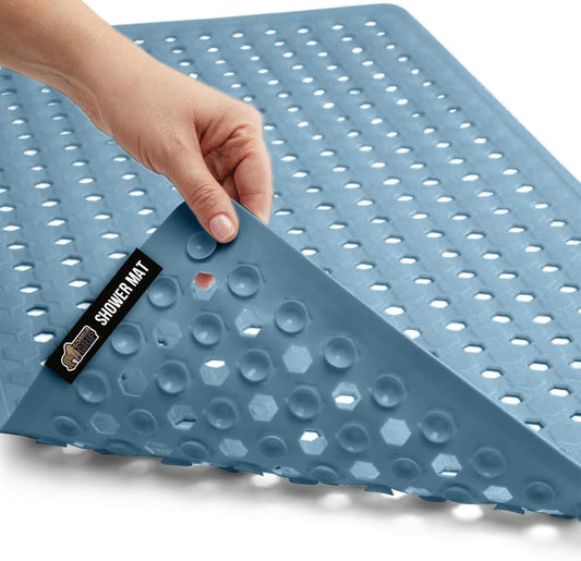 GORILLA GRIP Patented Bath Tub Shower Mat, Machine Washable Bathtub Floor Liner Mats, Suction Cups and Drain Holes to Keep Tubs Clean, Soft on Feet, Bathroom Essentials, 35x16 Inch, Sky Blue Opaque