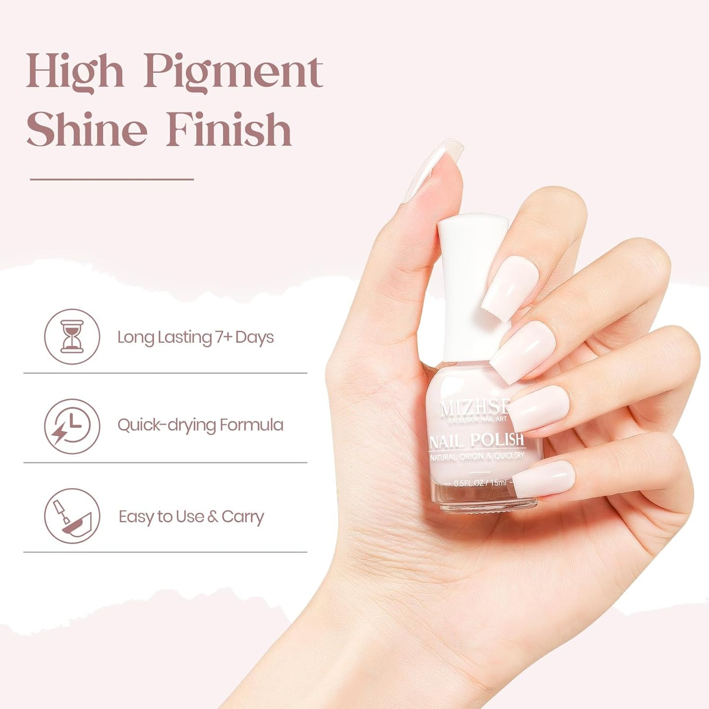 MIZHSE Quick Dry Nail Polish, Pink-White Nail Polish Non Gel Air Drying Fast, 15 ml Regular Nail Lacquer Glossy Finish Nail Art Manicure DIY Home