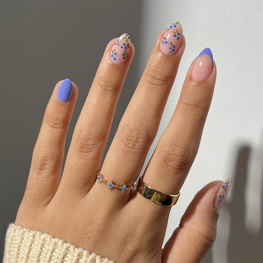 Summer Fall Press On Nails Short Almond, Nude and Blue Fake Nails Featuring Blue Floral Accents, Glossy Finish Acrylic Nails, Thick Reusable Glue On Nails for Women, 24Pcs