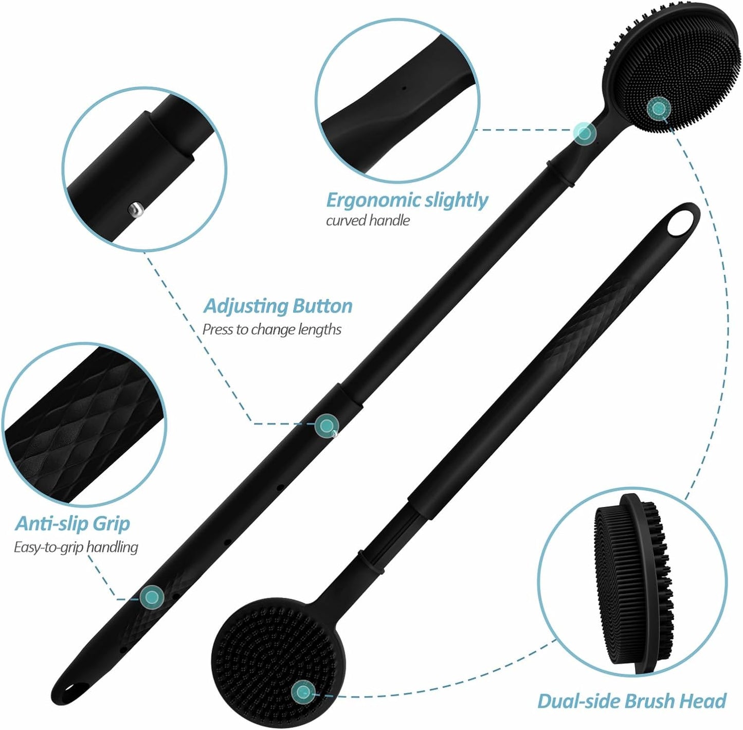 Adjustable Silicone Back & Face Scrubber Set, 16''-24'' Extendable Shower Back Scrubber with Dual-Side Head and Lathering Bristles, Manual Face Scrubber with Soft Bristle Non-Slip Handle(Black)
