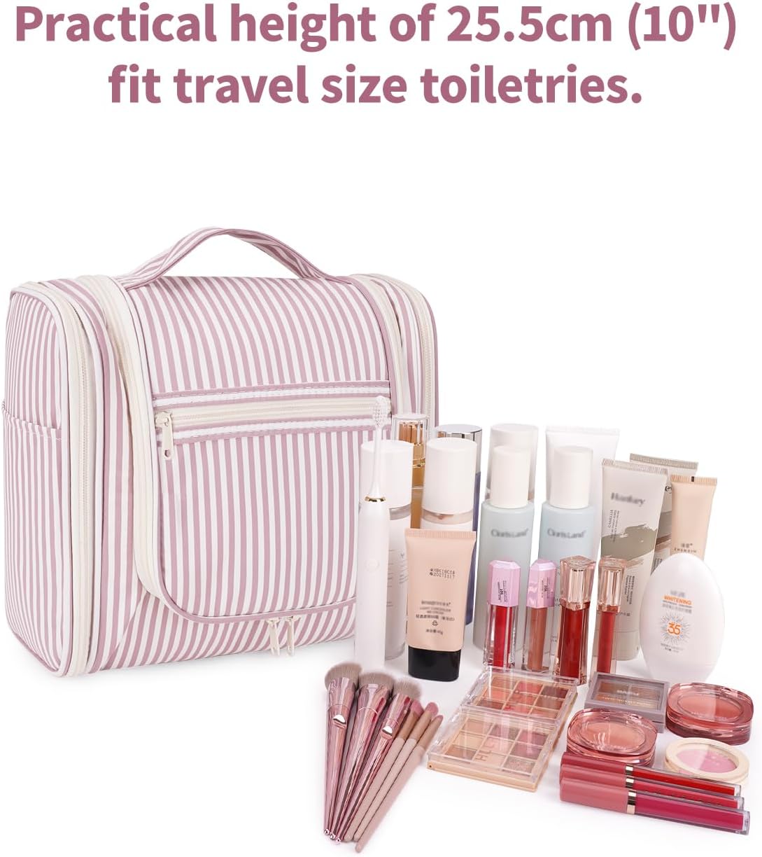 Narwey Striped Hanging Travel Toiletry Bag for Women, Travel Bag for Toiletries, Makeup Bag Organizer Cosmetic Bags Make Up Bags for Women (Dusty Rose Stripe)