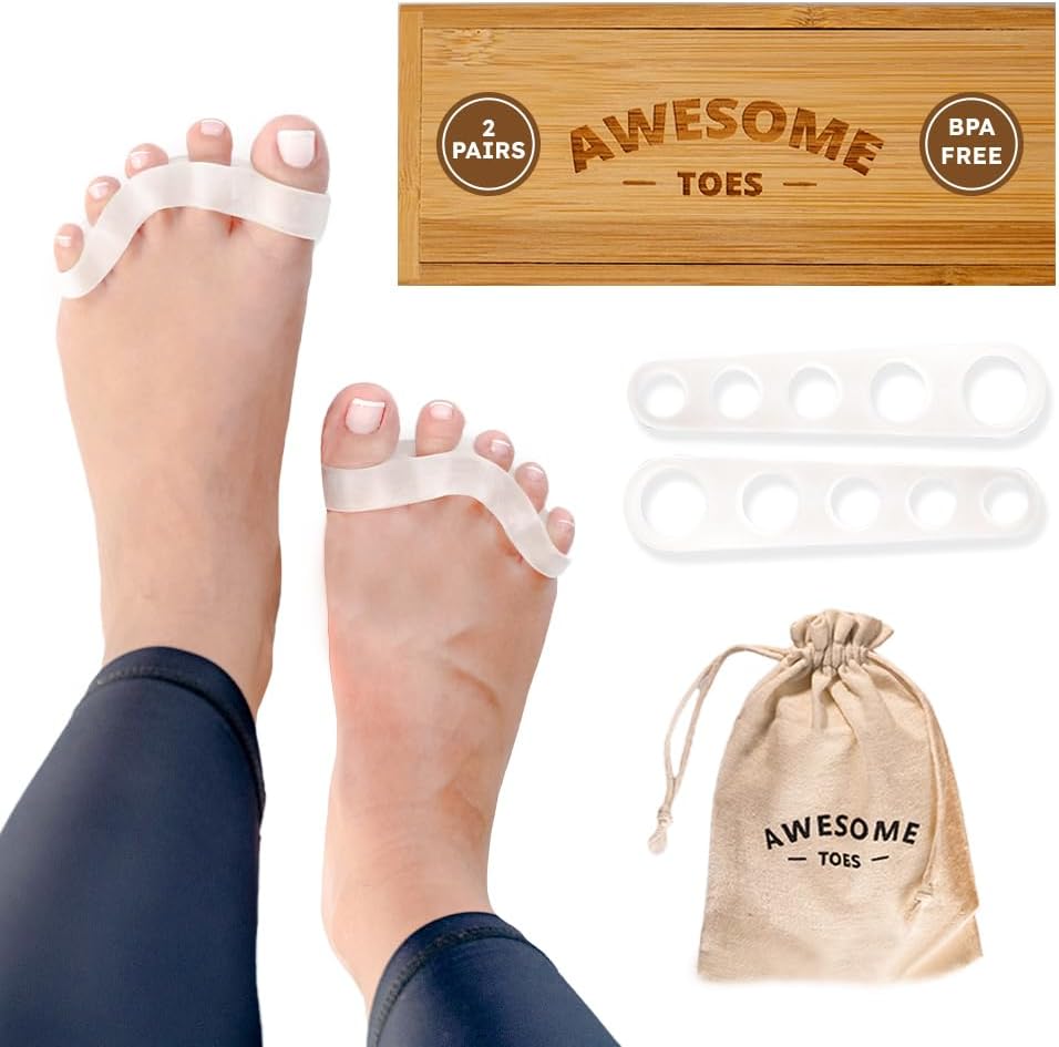 Awesome Toes Spacers & Separators, Fast Pain Relief from Hammertoe & Bunions, Two Pairs in Stylish Wooden Box, Latex-Free Rubber Toe Stretchers Used for Walking, Running & Yoga Practice