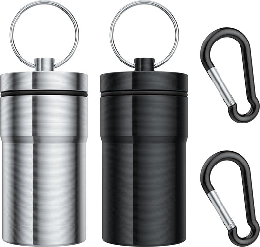 Portable Pill Case Keychain (2 Pack), Waterproof Aluminum Pill Box for Round Glucose Tablets & Critical Medicine, Small Pill Holder Travel Pill Container Bottle with Carabiners