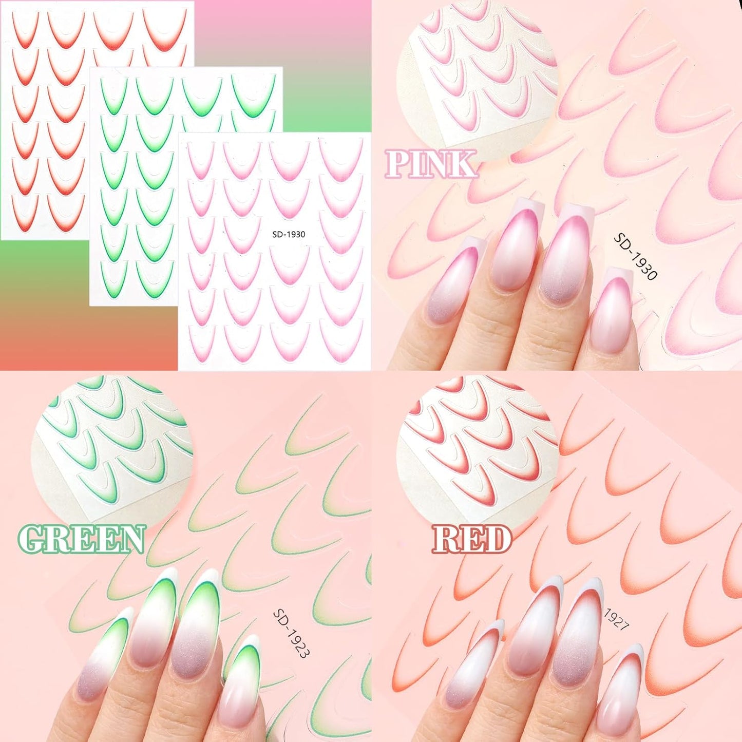 9 Sheets Colorful French Tip Nail Stickers, Gradient French Line Nail Art Stickers with Tweezer, French Tip Nail Decals 3D Self-Adhesive Nail Tips Guides for Women Manicure Decoration