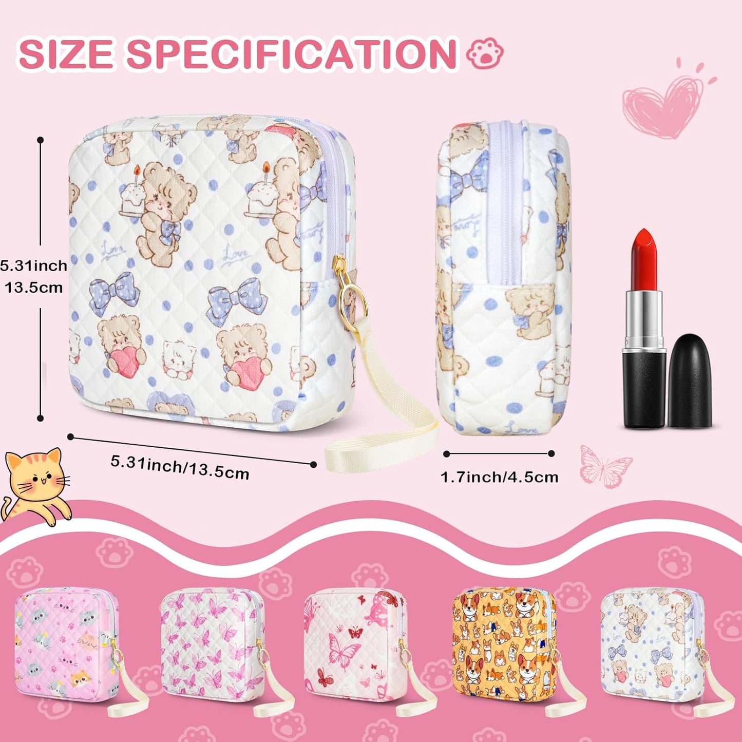 Tampon Holder for Purse, Quilted Period Bag Sanitary Napkin Storage Bag for Girls Womens, Portable Feminine Emergency Pad Period Pouch(Butterfly Bear)