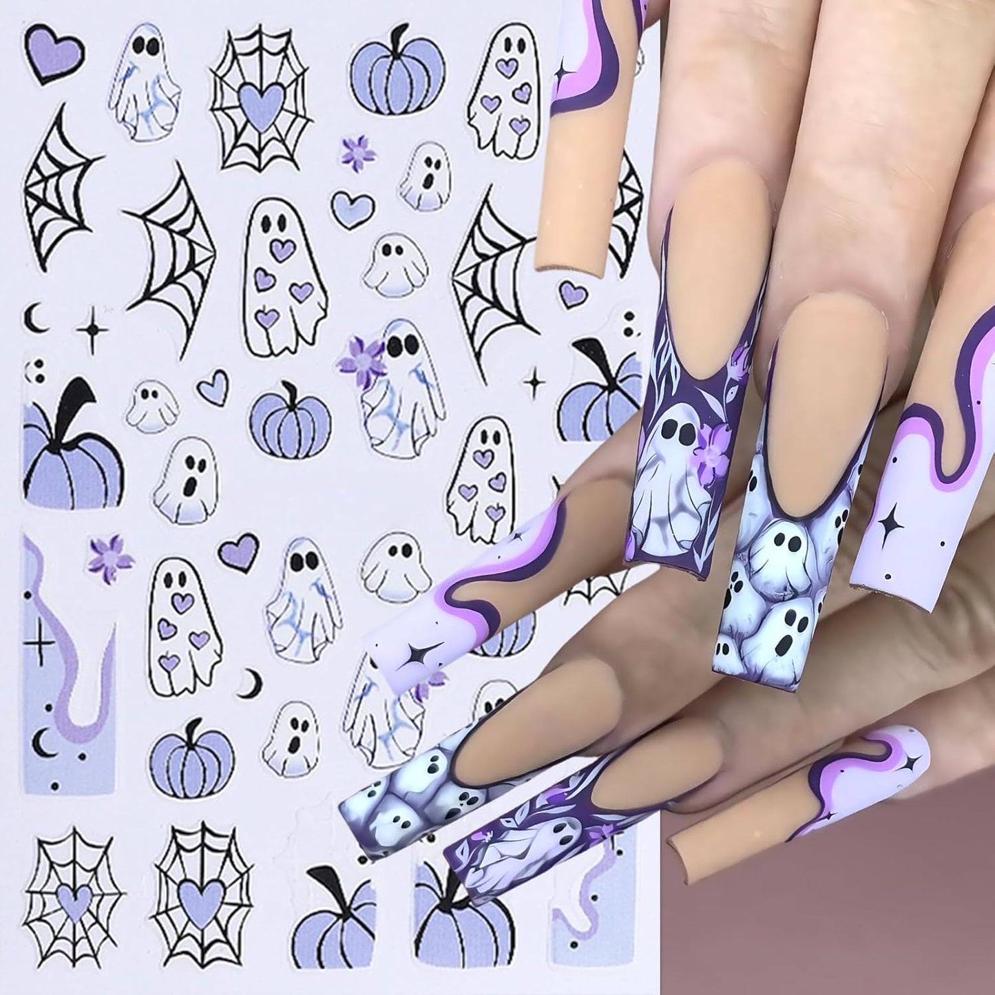 8Sheets Halloween Cute Heart Ghost Nail Stickers 3D Self-Adhesive Pumpkin Spider Web Nail Decals Pumpkin Bat Spider Web Black Cat Nails Design Star Nail Accessories for Women Holiday Manicure Decor