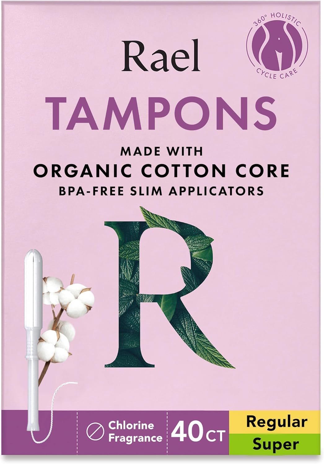 Rael Tampons, Slim Applicator with Organic Cotton Core, Multipack, Regular and Super Absorbency, BPA-Free, Leak Locker Technology, Unscented, Chlorine-Free (40 Count, Bundle)