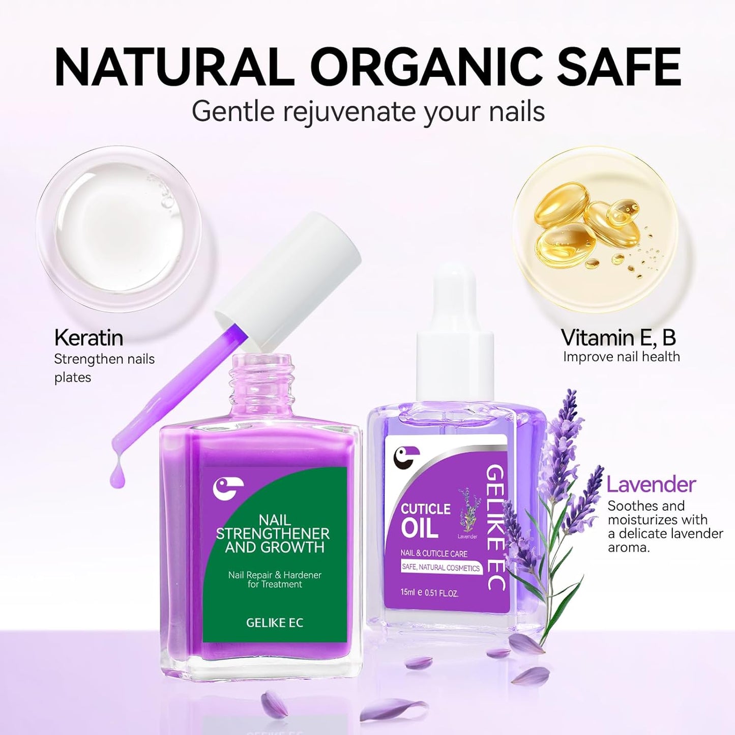 Gelike EC Nail Kit for Beginners: Purple Easy-Use nail polish strengthener & Lavender Oil for Thin Weak Nails - for Stress Relief - Repair Split Nails - Spa & Night Care Routine