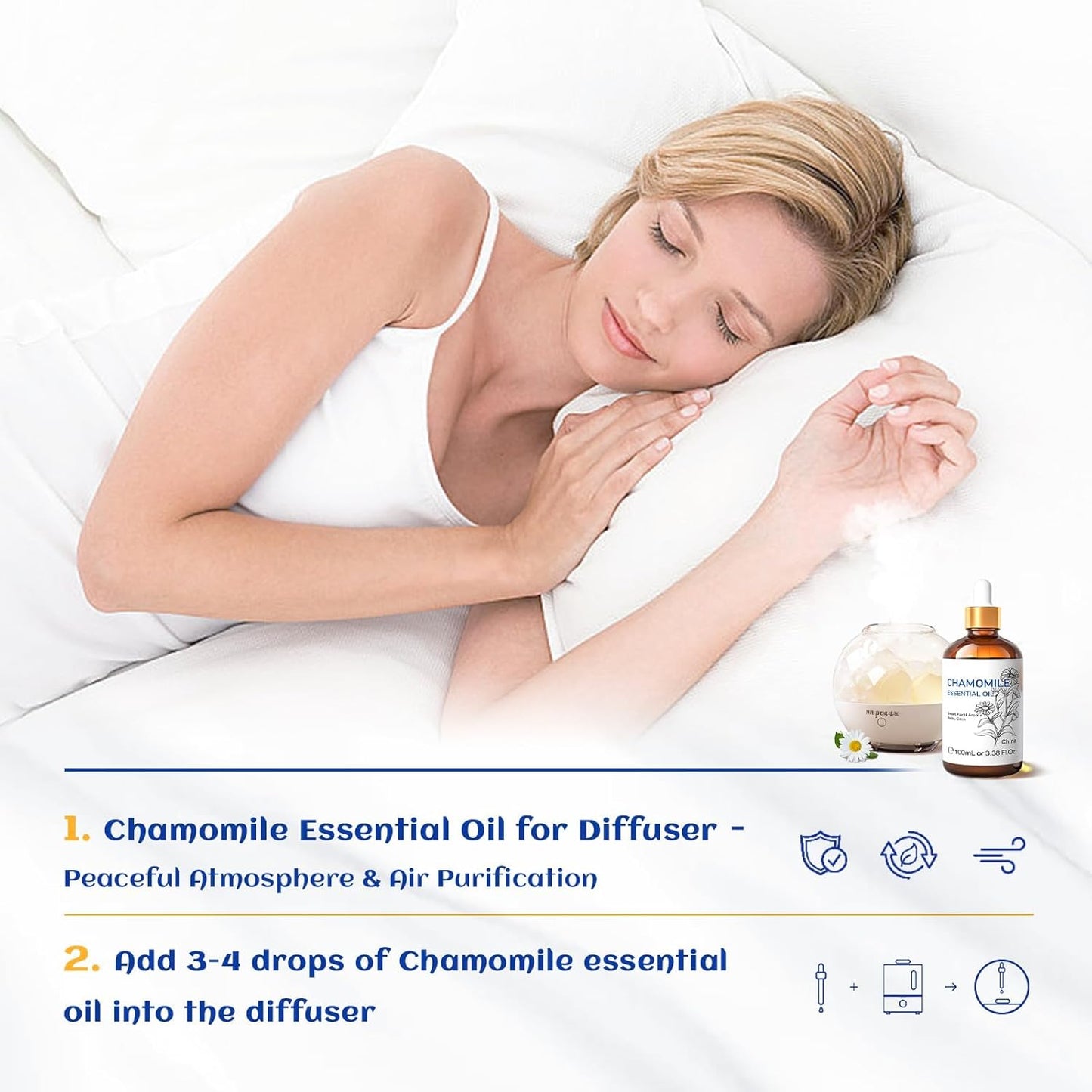 HIQILI 100ML Chamomile Essential Oil, Pure & Natural Chamomile Oil for Diffueser, Skin, Soap, Shampoo - 3.38 Fl Oz