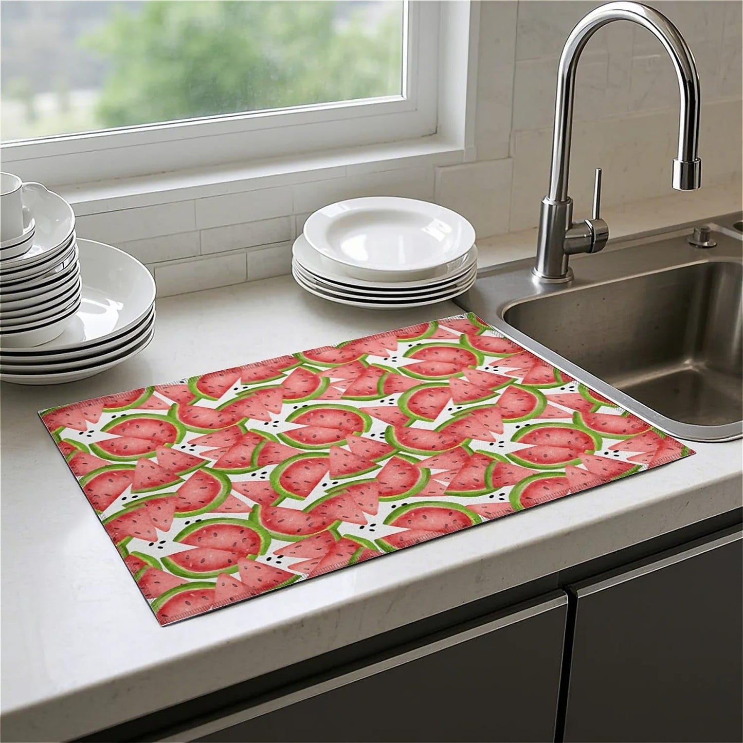 Dish Drying Mat For Kitchen Counter, Big Red Watermelon Microfiber Absorbent Dish Drainer Rack Pad Reusable Large 18x24in Drying Mat