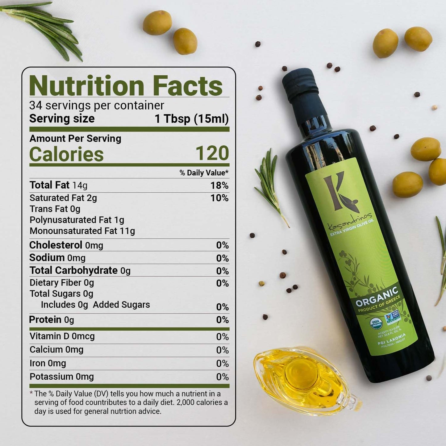 Kasandrinos Organic Olive Oil Extra Virgin, Polyphenol Rich Greek Olive Oil, 100% Organic First Cold Pressed, Mild + Delicate Flavor, Verified by Non GMO, 1 L / 33.8 oz