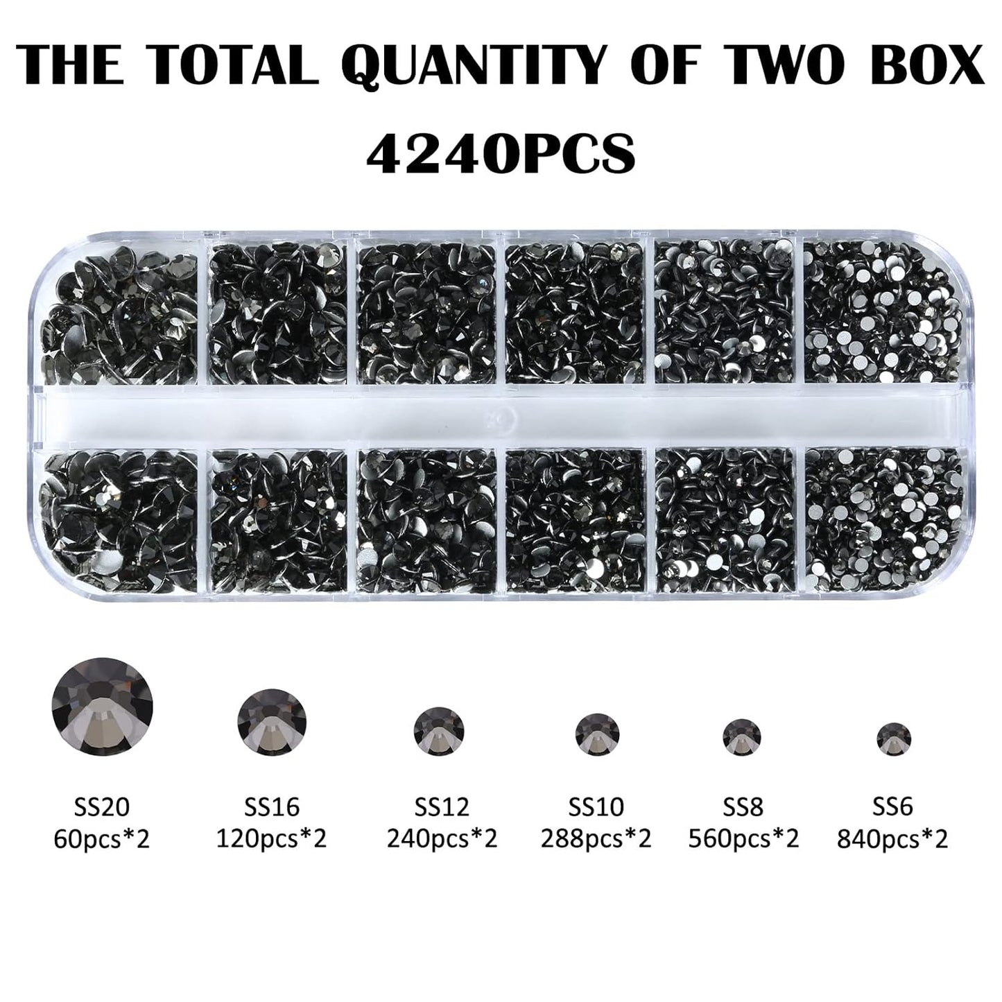 4240Pcs Black Diamond Flatback Rhinestones 6 Sizes Crystal Diamonds for Nail Art Crafts Clothes Shoes with Tweezers and Picking Pen