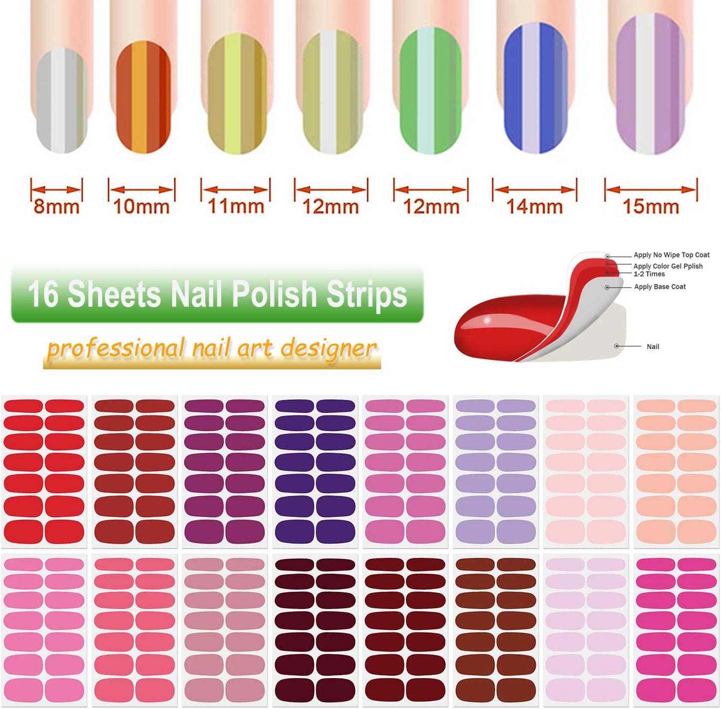 DANNEASY 16 Sheets Pink Red Nail Wraps Solid Color Nail Polish Strips for Women Gel Nail Strips Self Adhesive Nail Polish Stickers Fingernail Stickers Manicure Kit with 1pc Nail File, Cuticle Stick