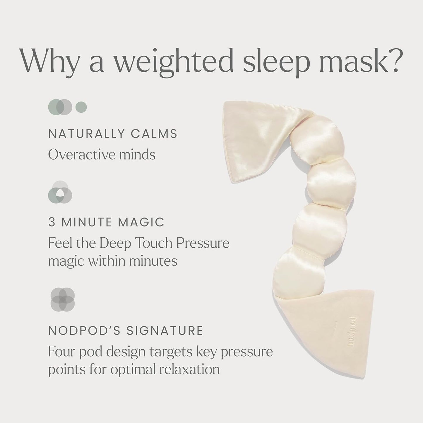 Nodpod Gentle Pressure Silk Sleep Mask | Strap-Free Design for Sleeping, Travel & Relaxation | Bead Filled, Machine Washable (Pearl)