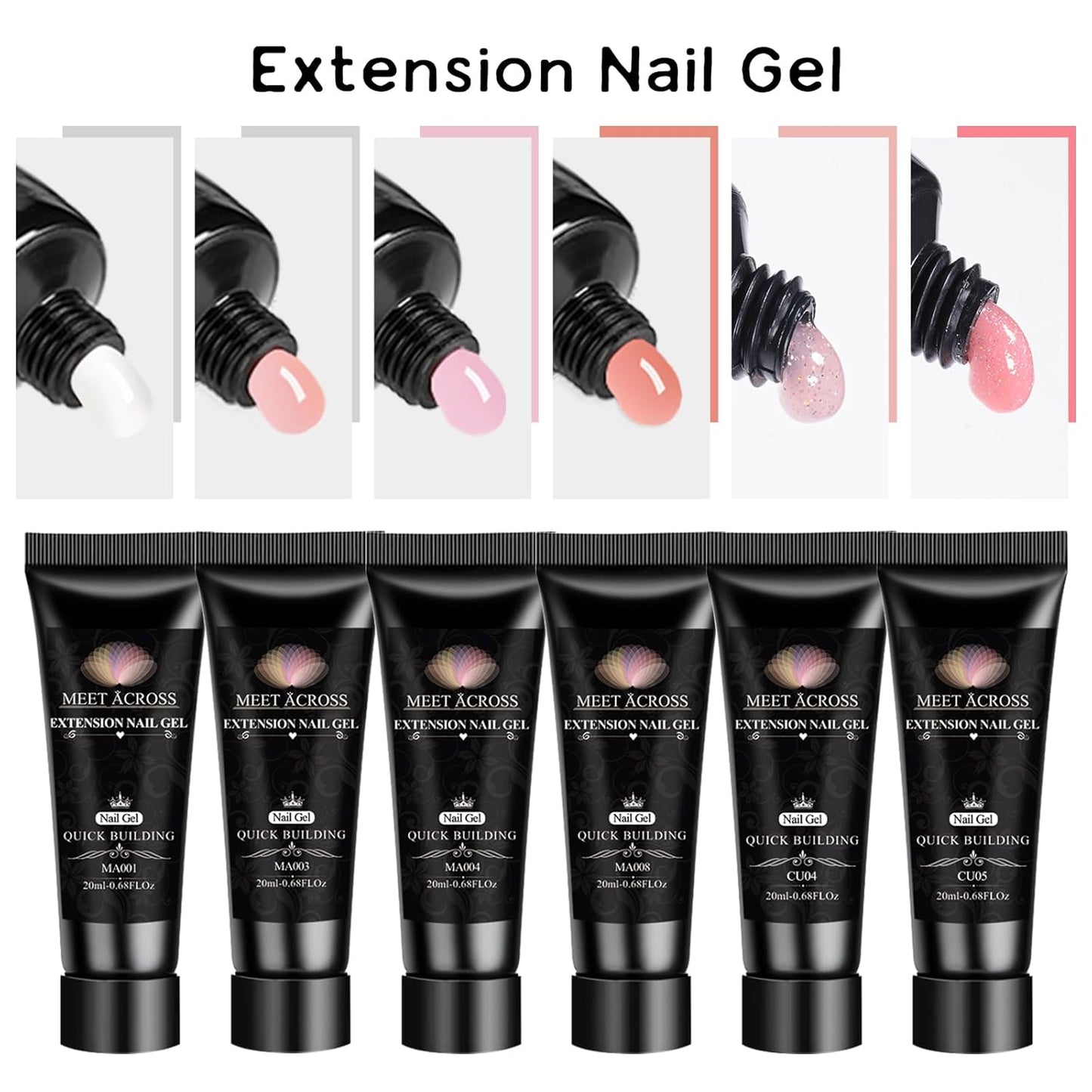 MEET ACROSS Poly Extension Gel Kit - 6 Colors All Season Nude Glitter Pink Sheer Poly Nail Gel Kit Strong Builder for Nail Art Extension Builder Gel Home Nail Salon Gift for Women