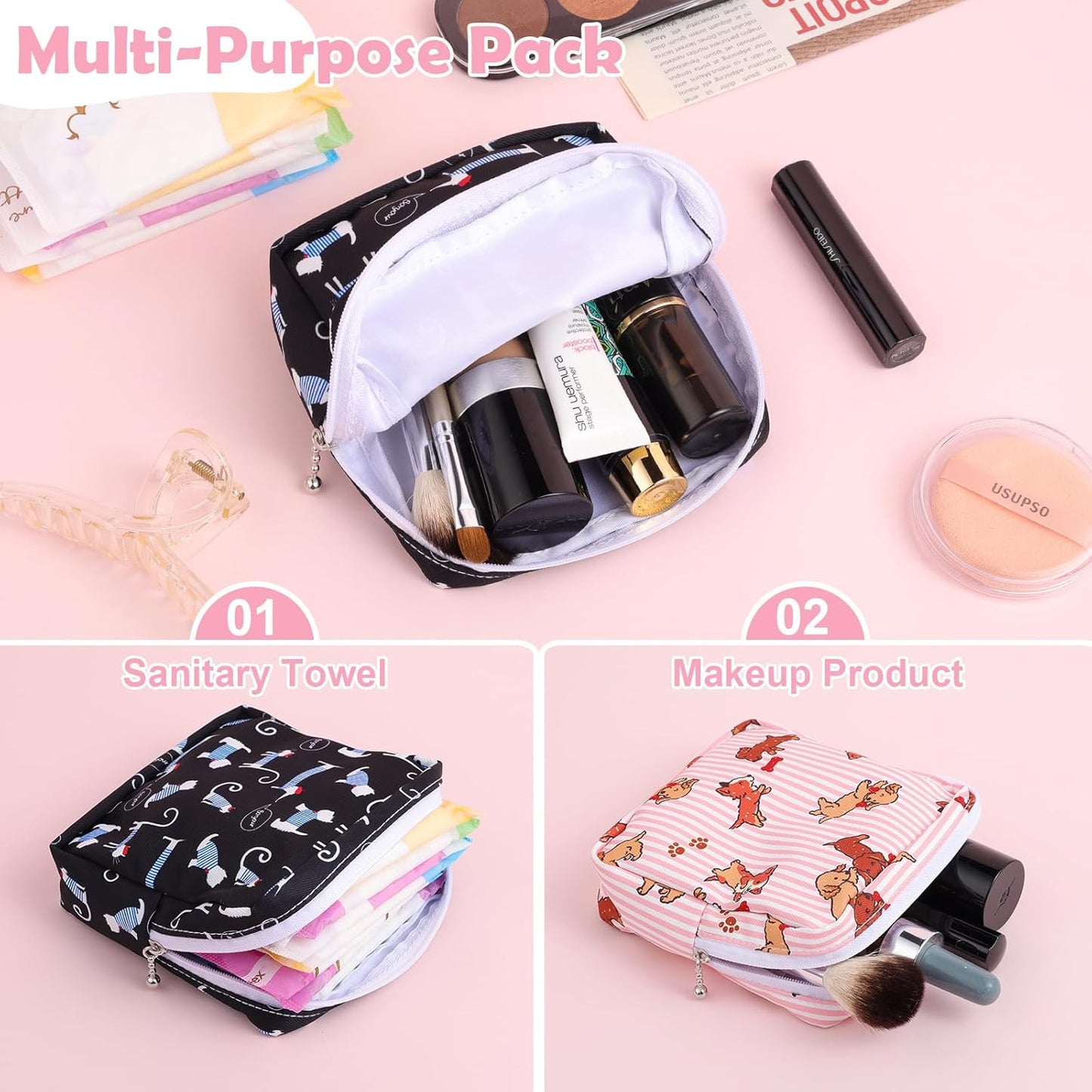 Desing Wish Sanitary Pad Storage Bag Portable Period Bag for Teen Pads/Sanitary Napkins/Small Tampons, Sanitary Napkin Storage Bag First Period Gifts for Teen Girls (Trend Music Dog)