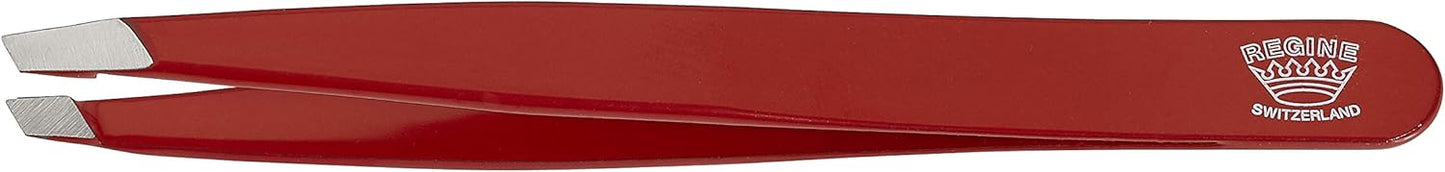 Slant Tweezer - Handmade in Switzerland - Professional Eyebrow & Facial Hair Remover - Etched Interior Grabs Hair from The Root - Perfectly Aligned Tips - Stainless Steel, Red