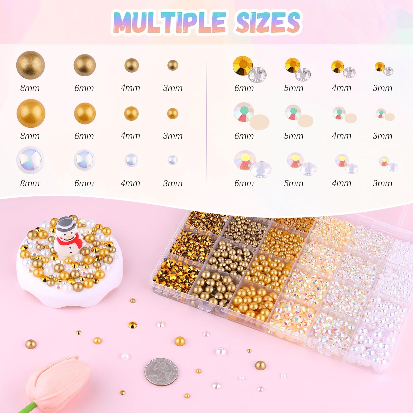9000Pcs Flatback Pearls and Rhinestones for Bedazzling, White Brown Mixed Size 3-8mm Resin Rhinestones and Half Pearls for Crafting, Nail Art Grad Cap Decoration with Tweezers and Pickup Pencil