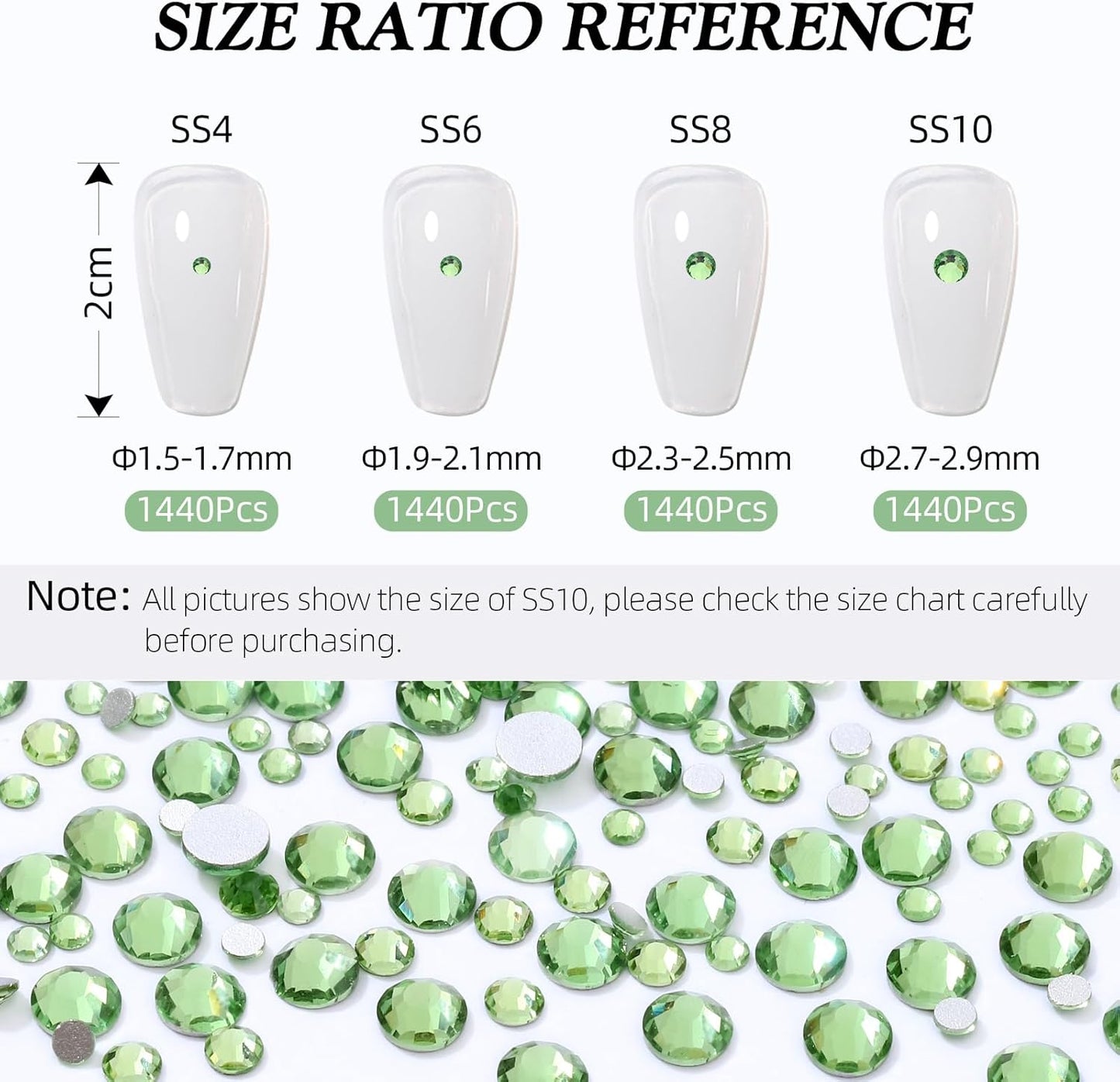 Light Green Flatback Rhinestones, Glass Rhinestones for Nail Art and Craft, Glue Fix, Loose Crystal Gemstones(Lt.Green, SS6, 1440pcs, 1.9-2.0mm)