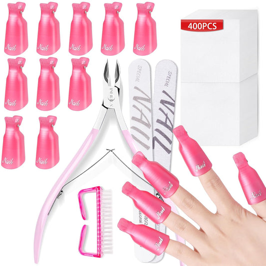 NXJ INFILILA Nail Clips to Remove Gel Polish, Gel Polish Remover Kit with 10Pcs Plastic Resuable Finger and Toe Nail Clips, Cuticle Timmer, 400Pcs Wipes, Files, Brush for Salon Supplies