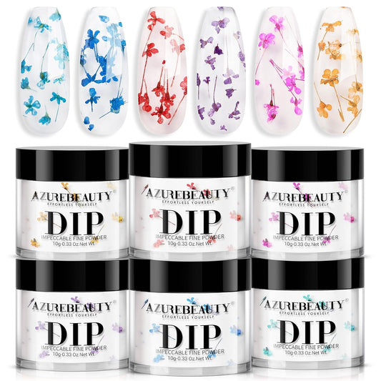 AZUREBEAUTY Dip Powder Nail Transparent Crystal Dried Flower Set, Blue Green Purple Pink Yellow 6 Colors Natural Real Clear Dipping Powder Starter Kit Nail Art Manicure Salon, No Need Nail Lamp Cured