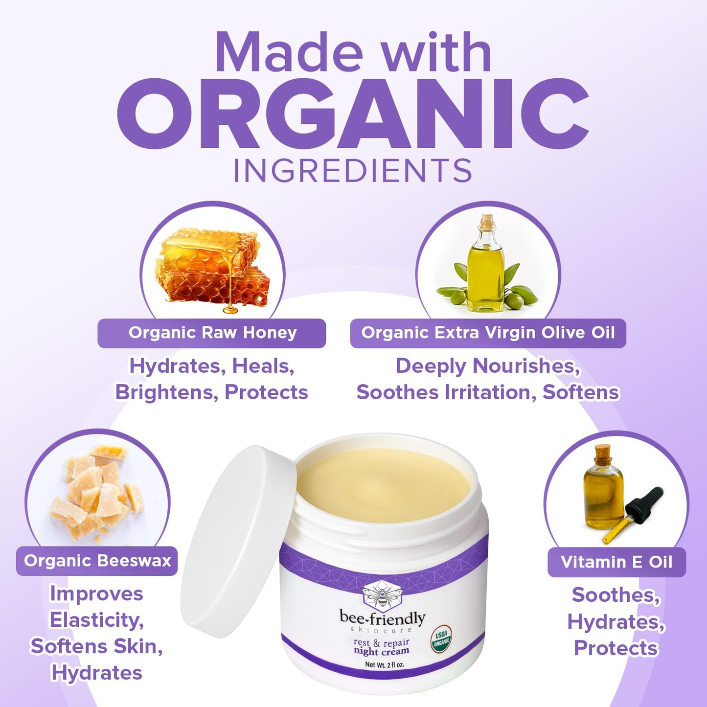 BeeFriendly Organic Night Cream, USDA Certified Organic, Deep Hydrating & Moisturizing Night Time Eye, Face, Neck & Decollete Cream for Women and Men, Anti Aging, Anti Wrinkle 2 oz
