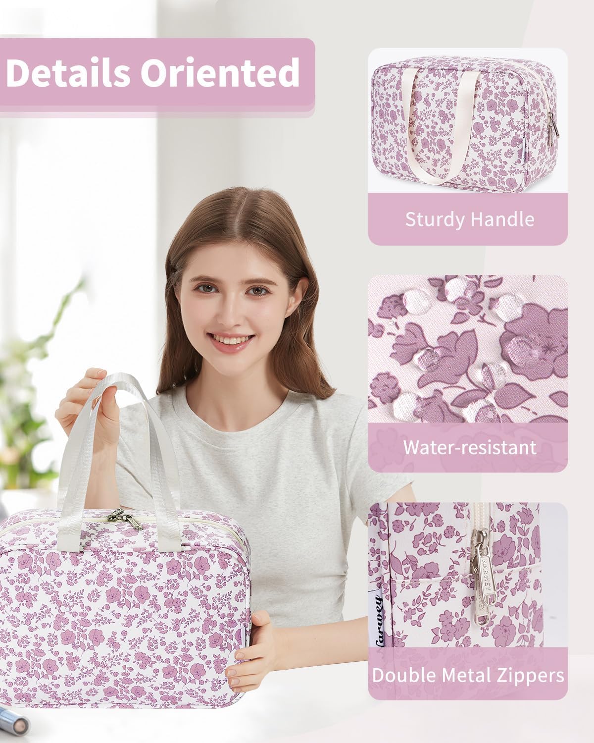 Narwey Large Floral Travel Toiletry Bag Women Toiletries Bag Skincare Bag Makeup Bag Organizer Make up bag Cosmetic Bag Medicine Bag for Girls (Little Dusty Pink Flower, Large)