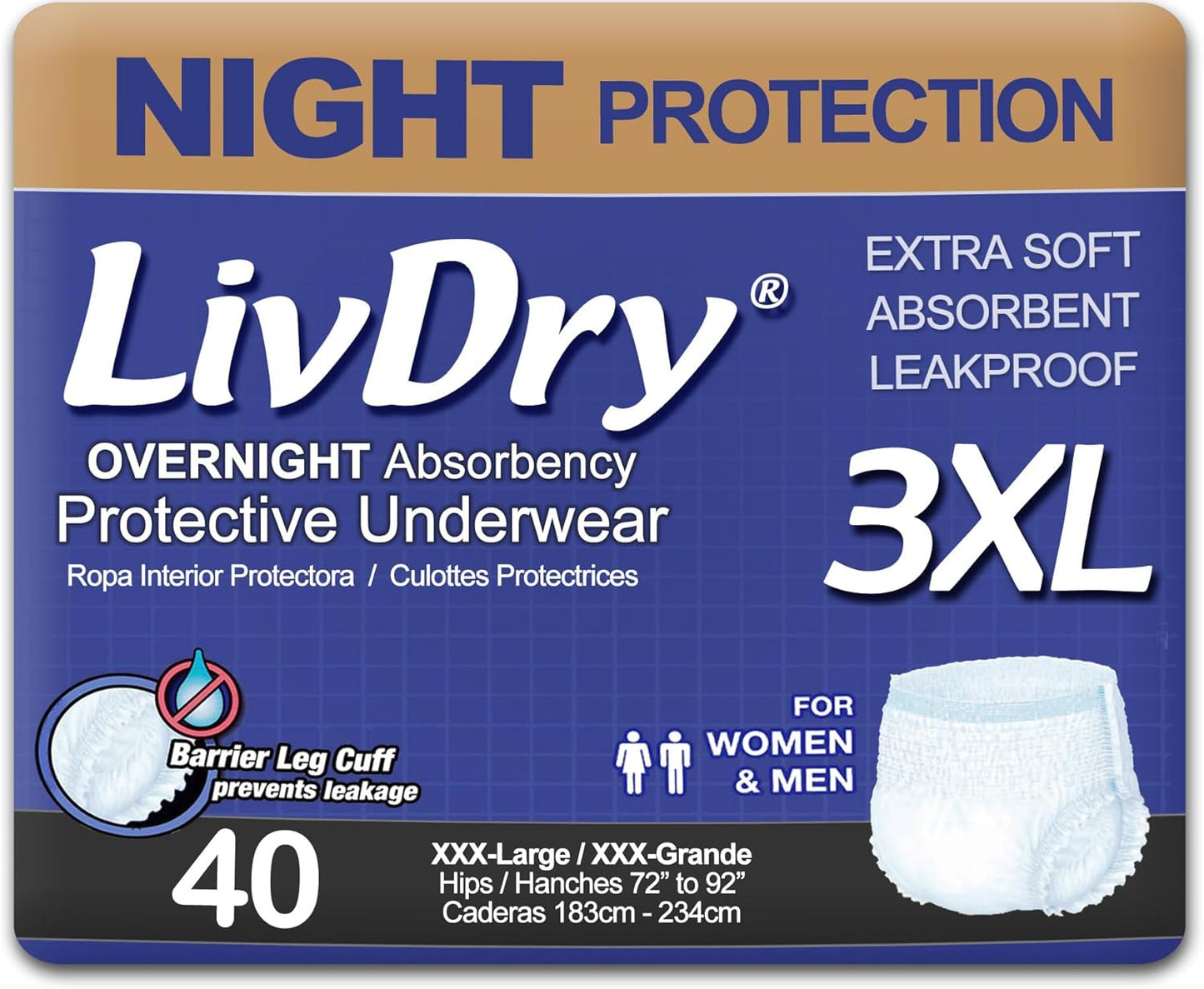 LivDry Adult Incontinence Underwear, Overnight Comfort Absorbency, Leak Protection (XXX-Large (40 Count))
