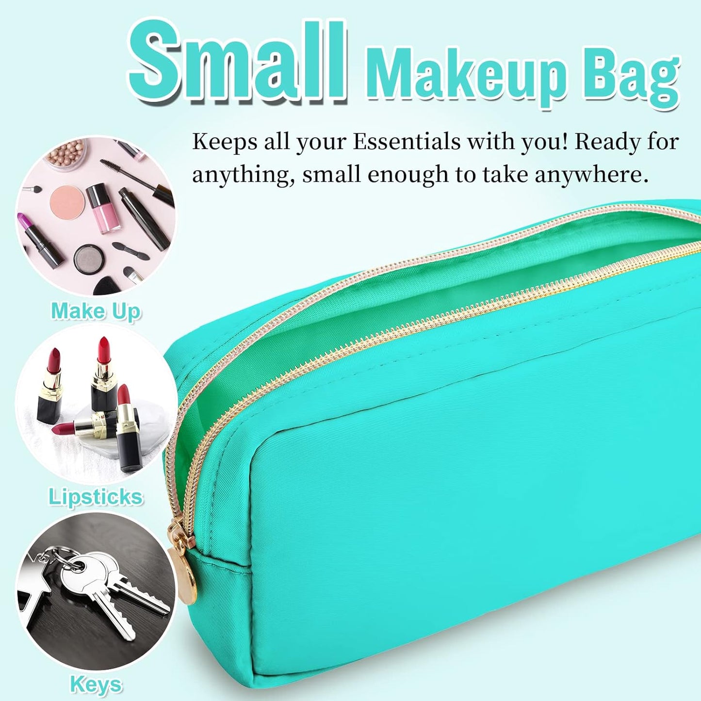 Nylon Small Makeup Bag for Purse, Cute Preppy Makeup Bag Cosmetic Zipper Pouch Purse, Waterproof Portable Travel Toiletry Bag Coin Pouch Clutch Makeup Brush Bag Organizer Storage for Women Girls(Mint)