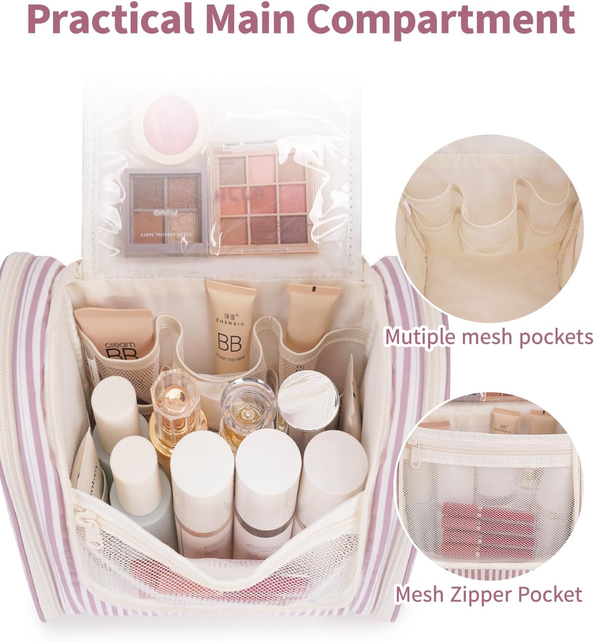 Narwey Striped Hanging Travel Toiletry Bag for Women, Travel Bag for Toiletries, Makeup Bag Organizer Cosmetic Bags Make Up Bags for Women (Dusty Rose Stripe)