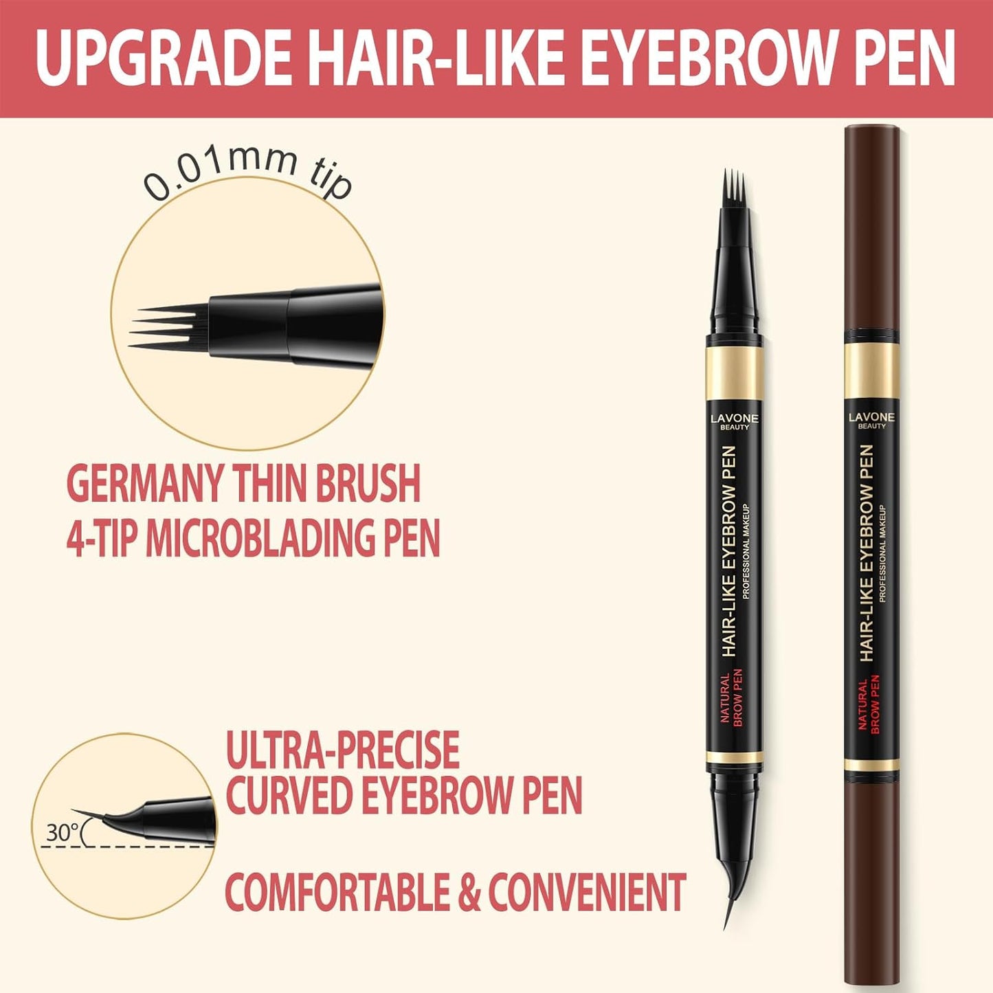 LAVONE Eyebrow Pen, 2-in-1 Eyebrow Pencils for Women with 4 Tip Microblading Eyebrow Pencil and Curved Precise Brow Pencil, Waterproof Eyebrow Pencil Create Full, Natural Hair-Like Brows, Ash Brown