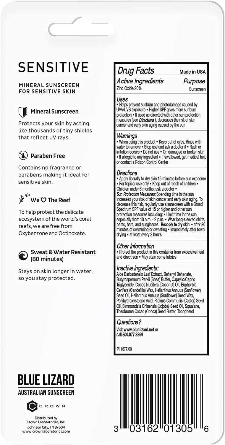 BLUE LIZARD Sensitive Mineral Sunscreen Stick with Zinc Oxide, SPF 50+, Water Resistant, UVA UVB Protection Easy to Apply, Fragrance Free, 0.5 Oz (Pack of 2)