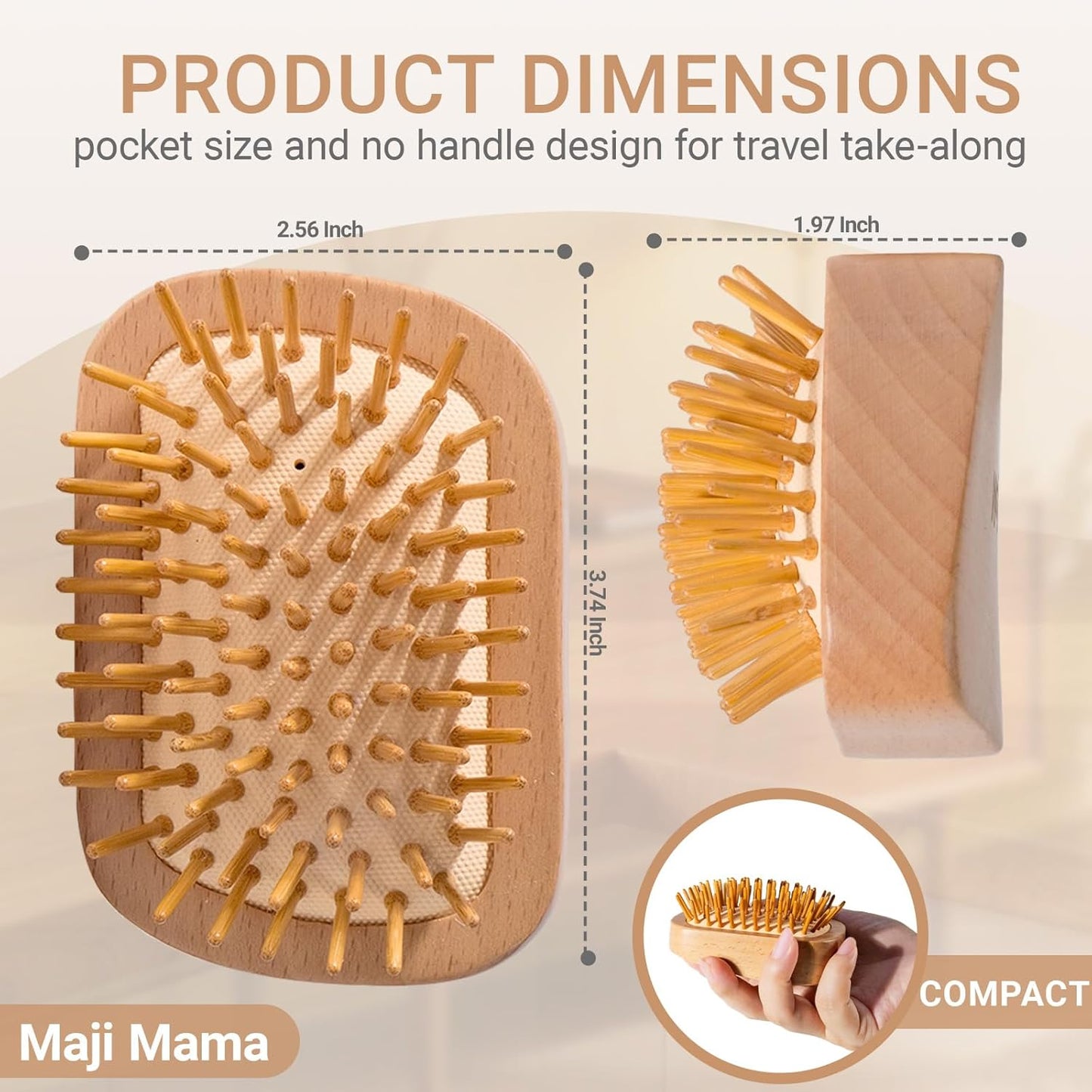 Handmade Natural Wooden Hair Brush Hairbrush with Bamboo Pins Massage Scalp & Detangling All Hair Types For Hair Growth,Scalp Massager Mini Brush No Handle Design