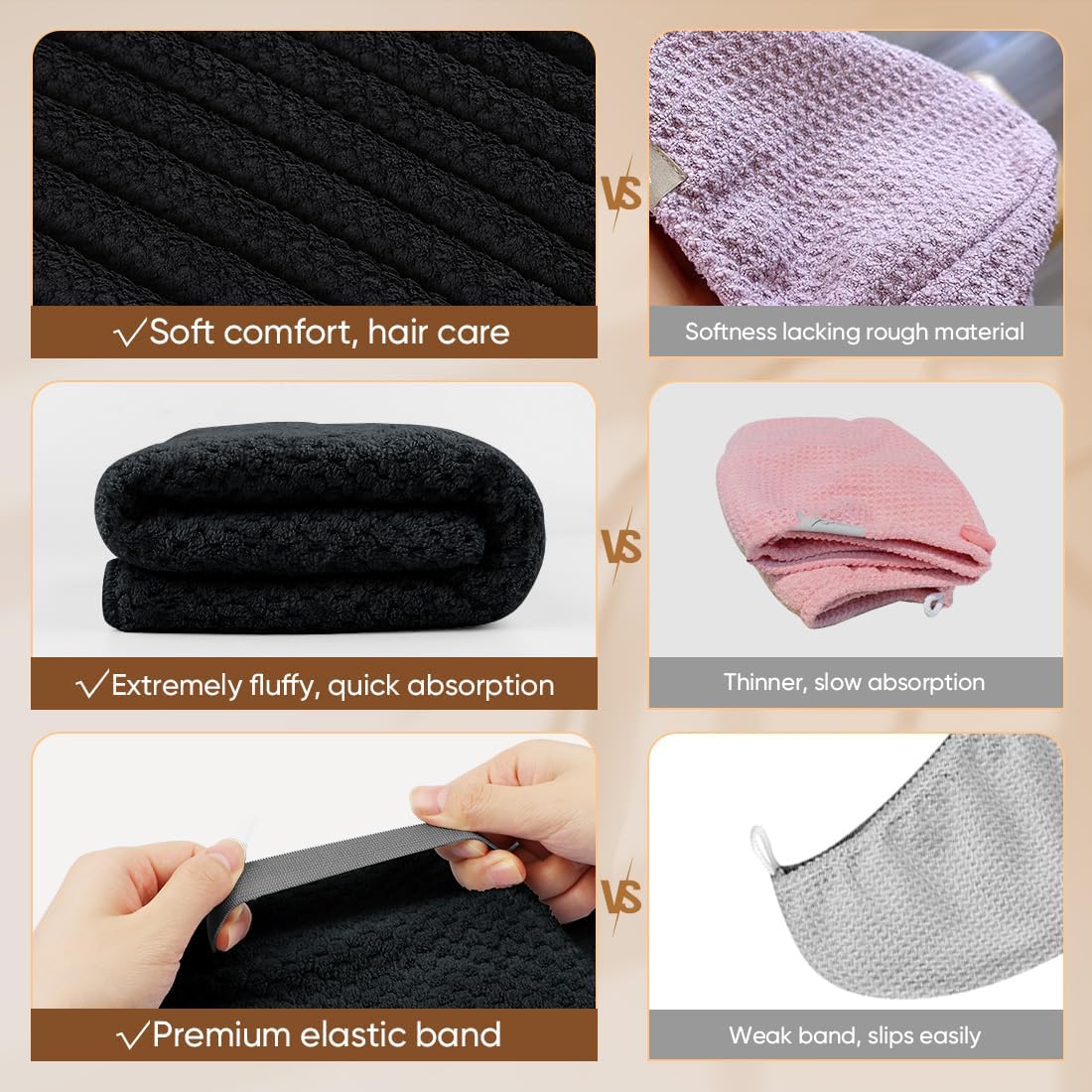 HOMEXCEL 5 Pack Large Microfiber Hair Towel Wrap for Women, Black- 40 x 20 inches Super Soft, Fast Drying Turbans for Long, Thick, Curly Hair - Anti Frizz Wrap with Elastic Strap