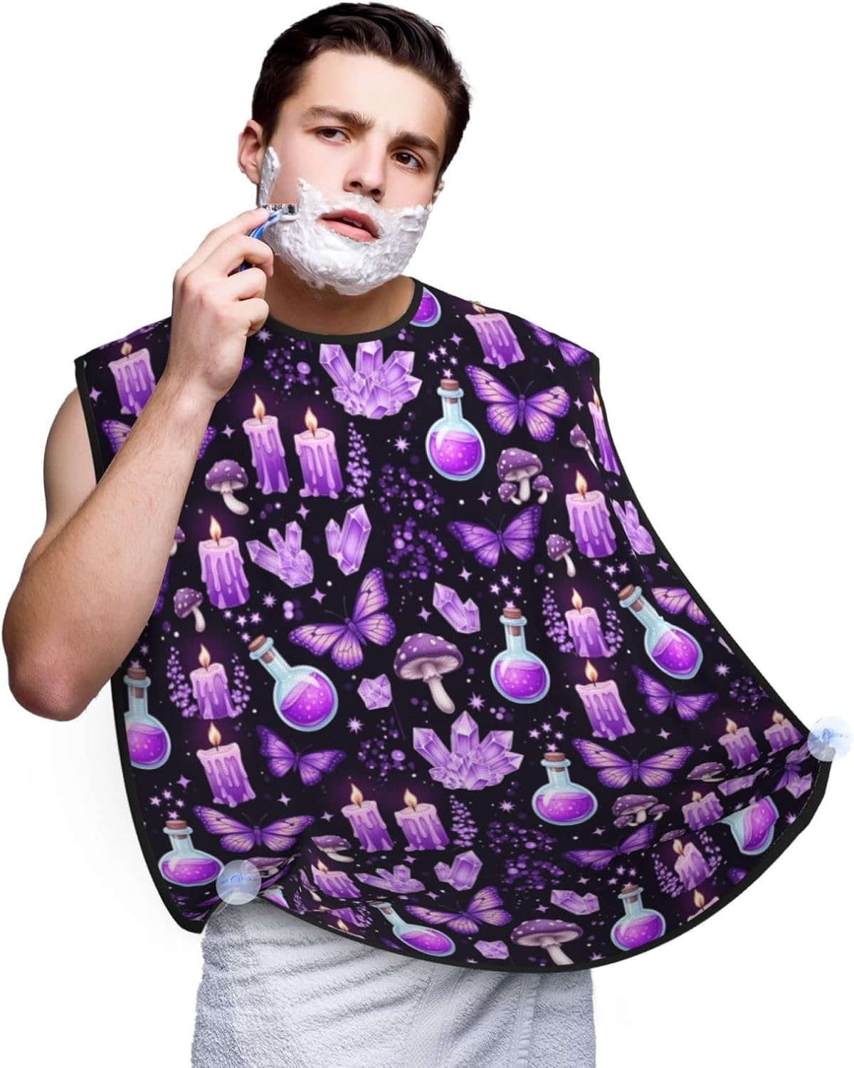 Strong Suction Cup Beard Grooming Bib, Non-Stick Hair Catcher, Waterproof, for Shaving, Gothic Magic Witch Witchy Trippy Purple Mushrooms