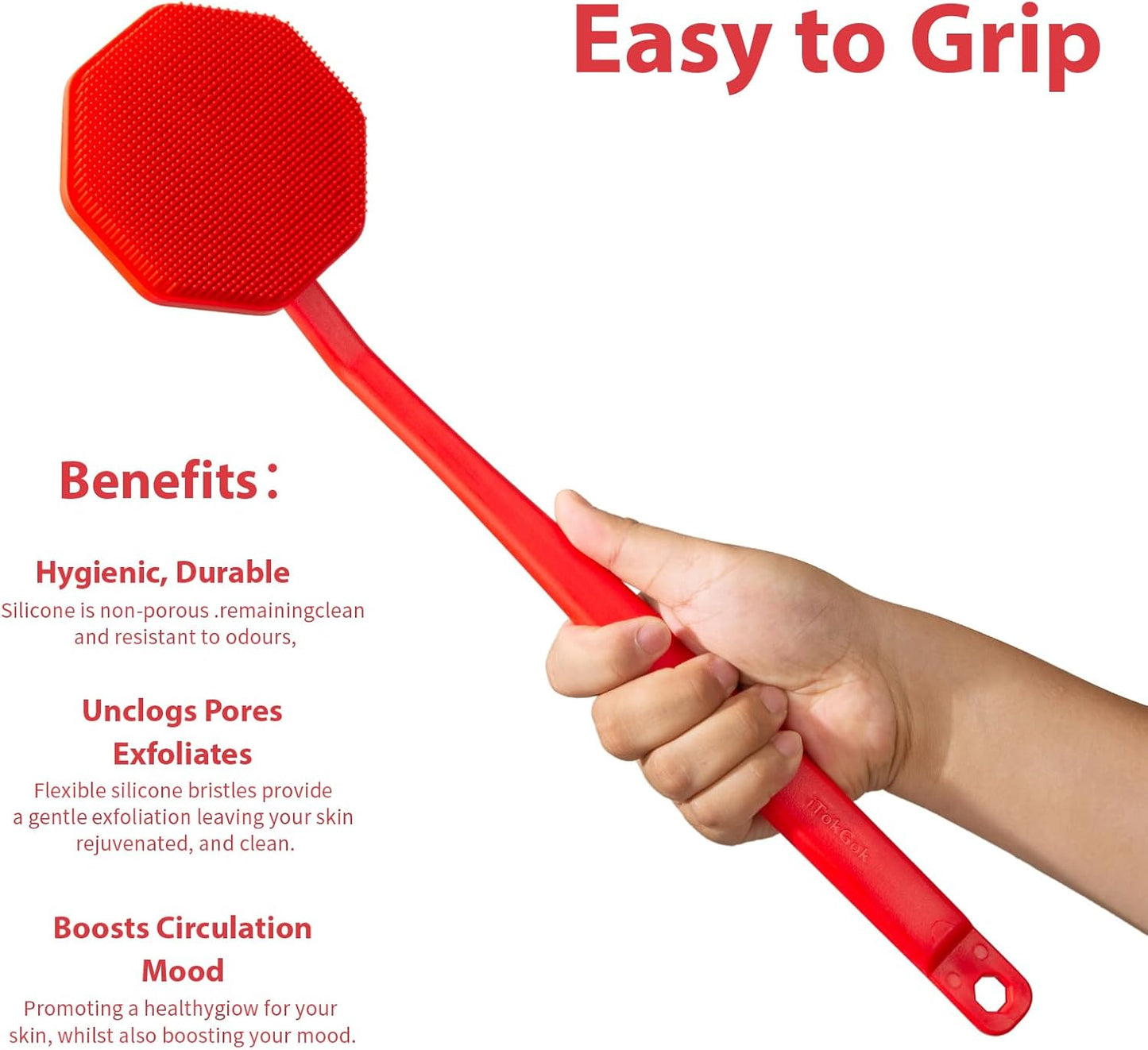 Silver-Infused Silicone Back Scrubber with Long Handle Back Brush for Shower,Back Scrubber Body Exfoliator Scrubber for All Skin Type and Sensitive Skin - for Men and Women - Red