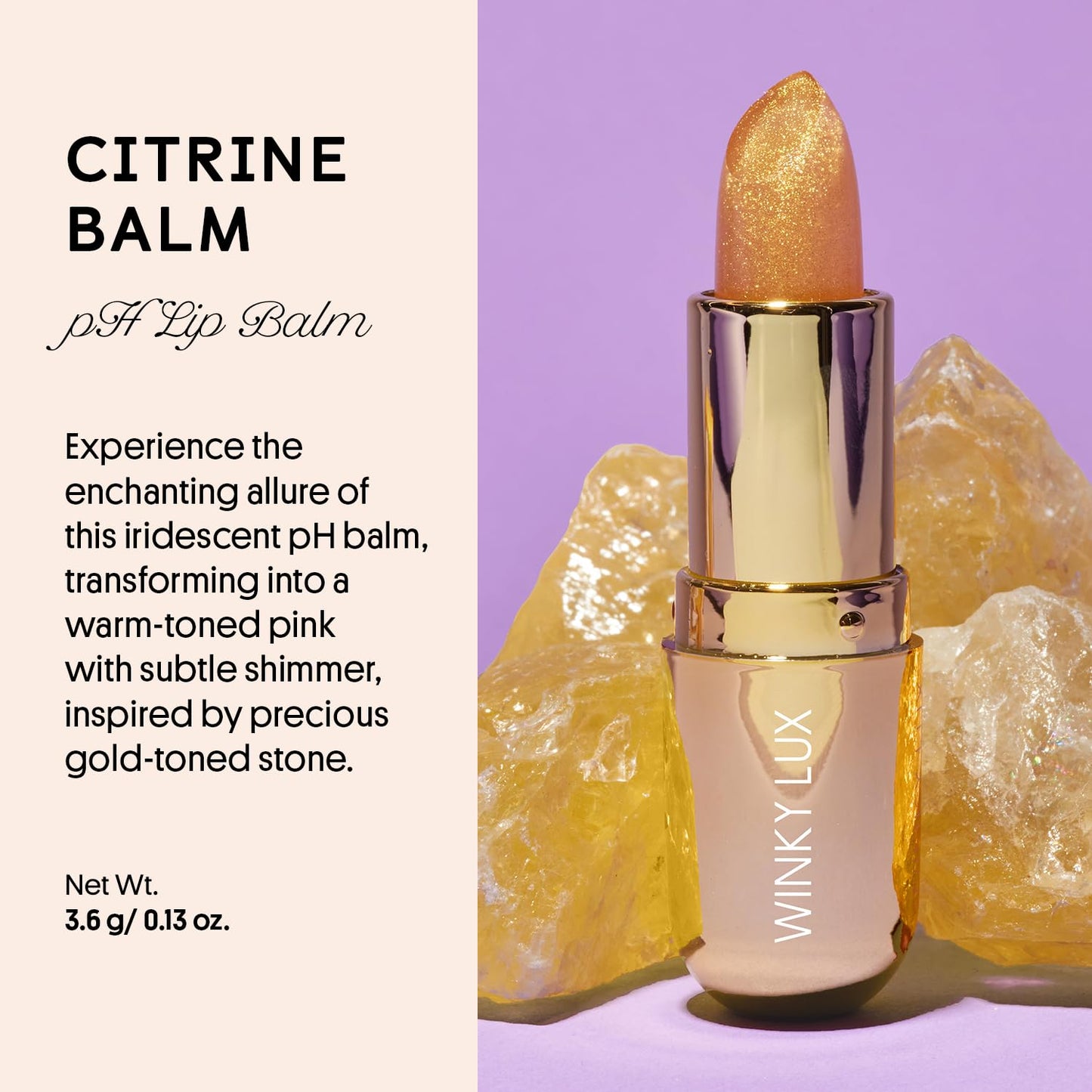 Winky Lux Citrine Glimmer Balm – Nourishing pH Lip Balm with Color Changing Golden Pink Tint, Hydrating Ceramides Soften Lips, Coconut Scent