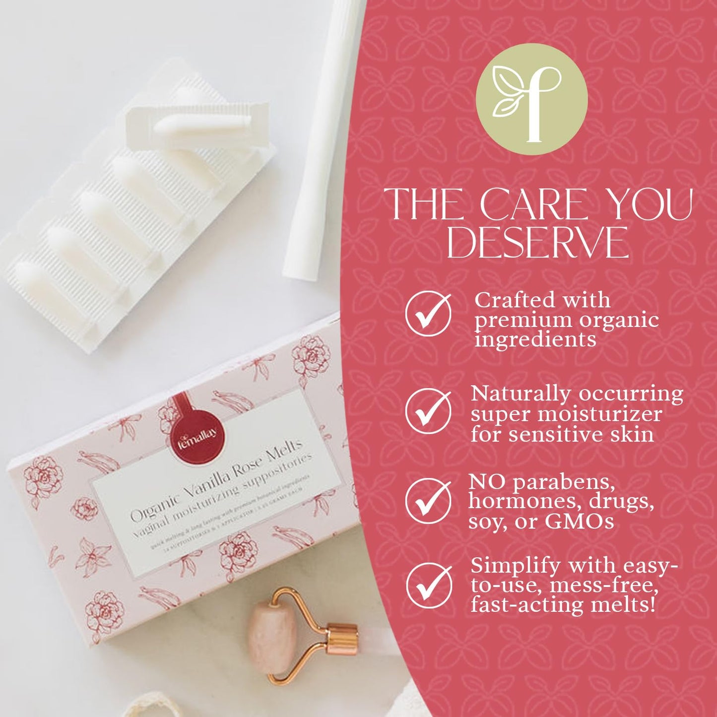 Femallay Organic Vaginal Moisturizing Suppositories – Rose – 100% Natural Relief for Dryness, Odor & Daily Feminine Discomfort – 14 Count + Applicator