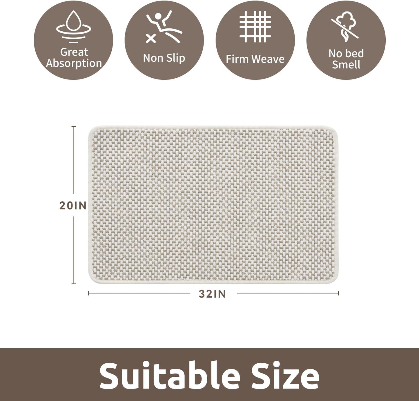 AMOAMI Chenille Bath Mat Super Absorbent Bathroom Mat Quick Dry Bath Mats for Bathroom Rubber Backed Bathroom Rugs Non Slip Washable Fit Under Door, Front of Bathtub, Sink, Beige&White 20"x32"
