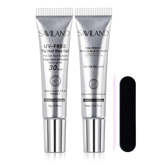 SAVILAND 10g Semi Solid Nail Glue Gel with 10ml Quick Remover for Press On Nails Tips No U V Lamp Needed 30-Day Long-Lasting Fast Removal No Curing Home Professional Nail Art Tools SSProTip X