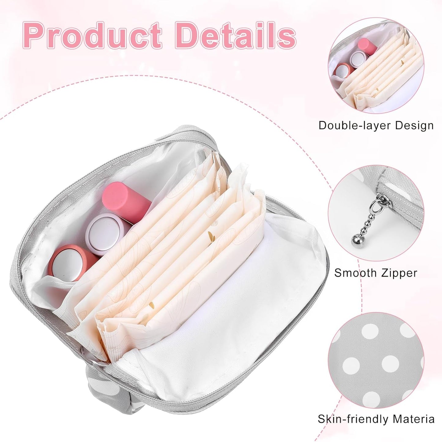 3PCS Pad Pouch for Women Period Bag Zippered Sanitary Storage Bag for Tampons, Pads, Menstrual Cup & Disc, Portable Feminine Hygiene Organizer, Tampon Holder Travel Pouch(Gray & Blue)
