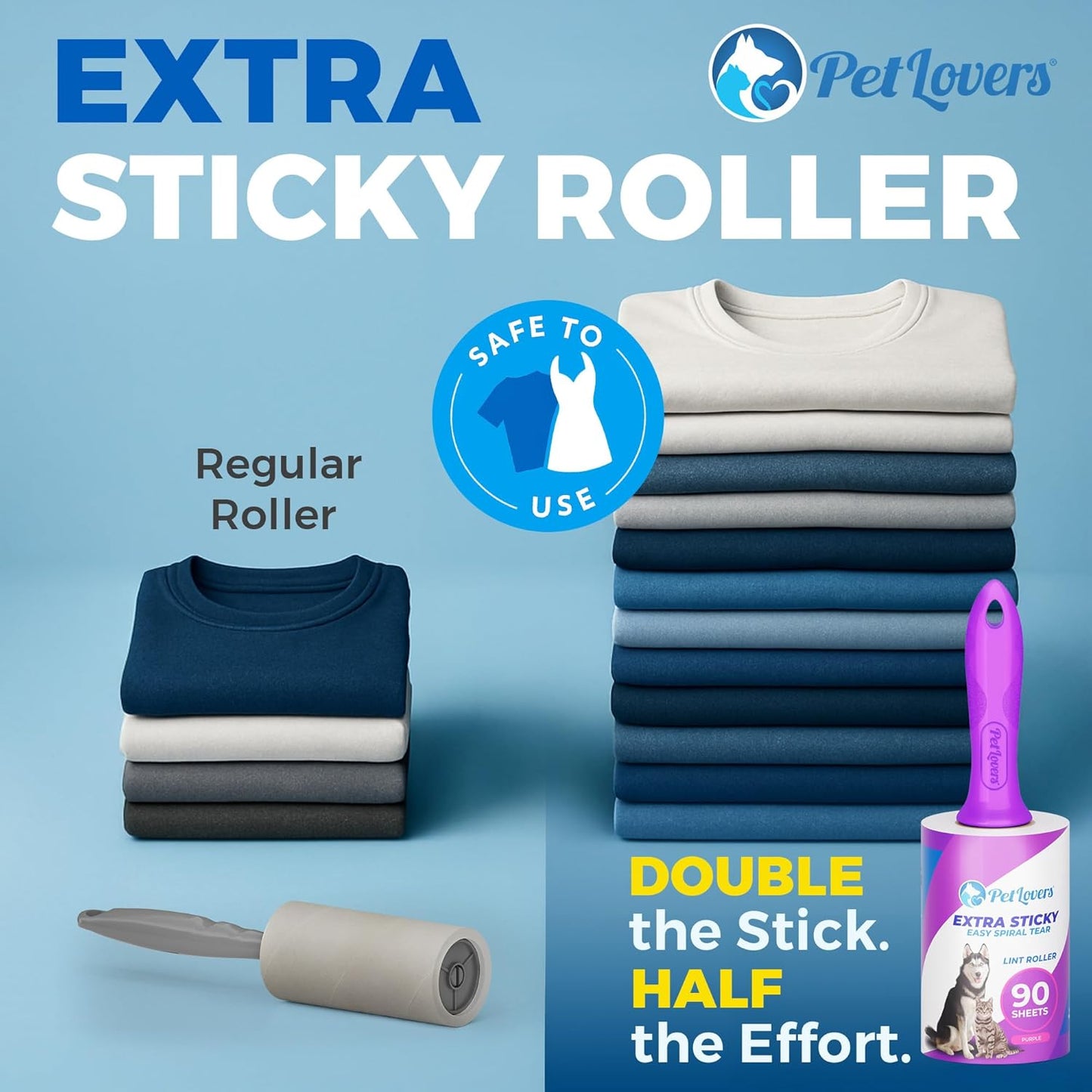PetLovers Extra Sticky Lint Roller Mega Value Set 450 Sheets for Pet Hair Removal and Clothes, Dog and Cat Lint Remover 5 Pack Purple
